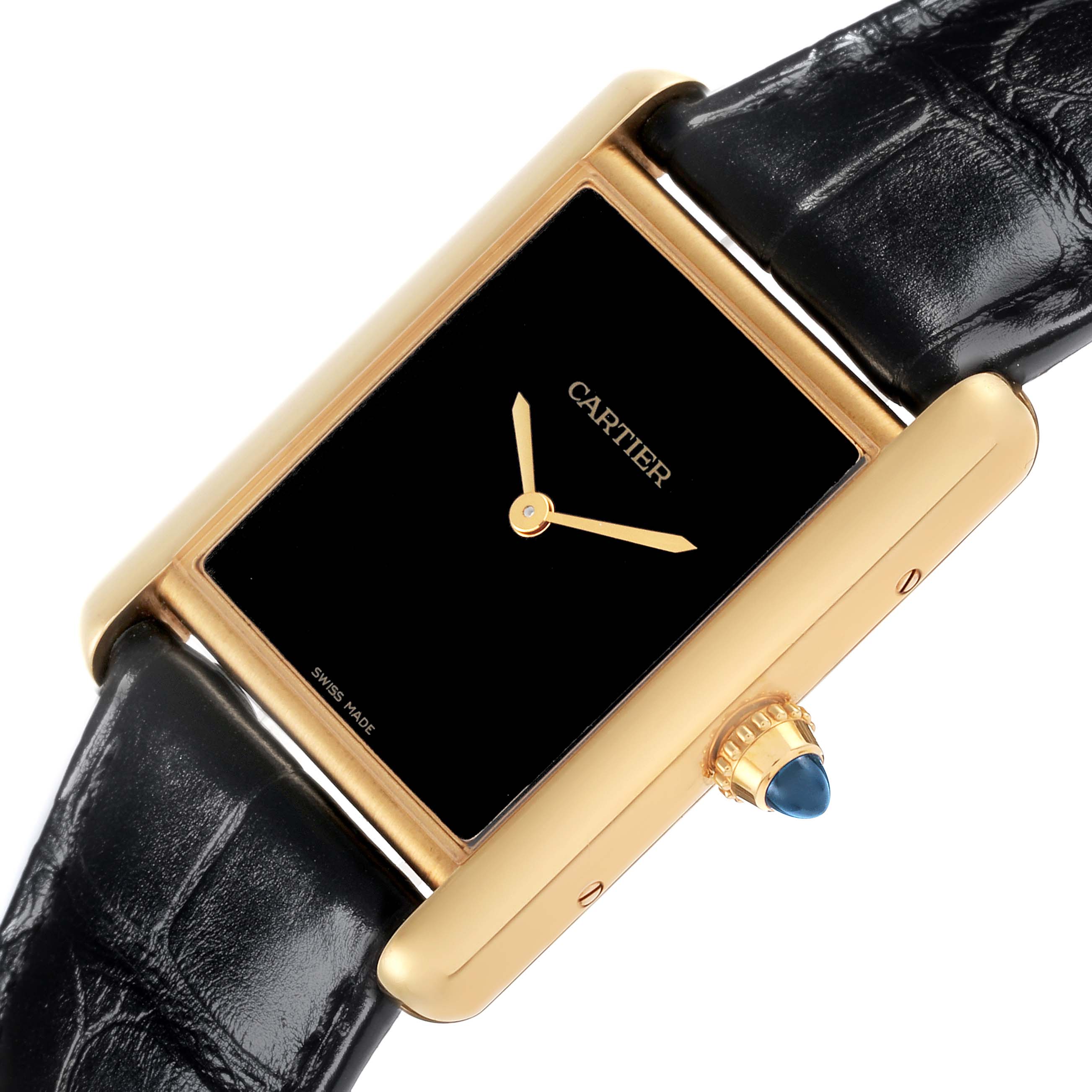 The image shows a Cartier Tank Louis WGTA0091 Men's Yellow Gold Black Dial WGTA0091 Men's Yellow Gold Black Dial watch at a slight angle, highlighting the black dial, gold case, crown with blue cabochon, and black strap.