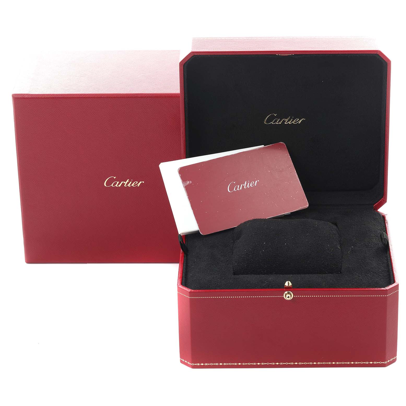 The image shows the Cartier Tank Louis WGTA0091 Men's Yellow Gold Black Dial WGTA0091 Men's Yellow Gold Black Dial watch's red box, cushion, and card from a front angle.