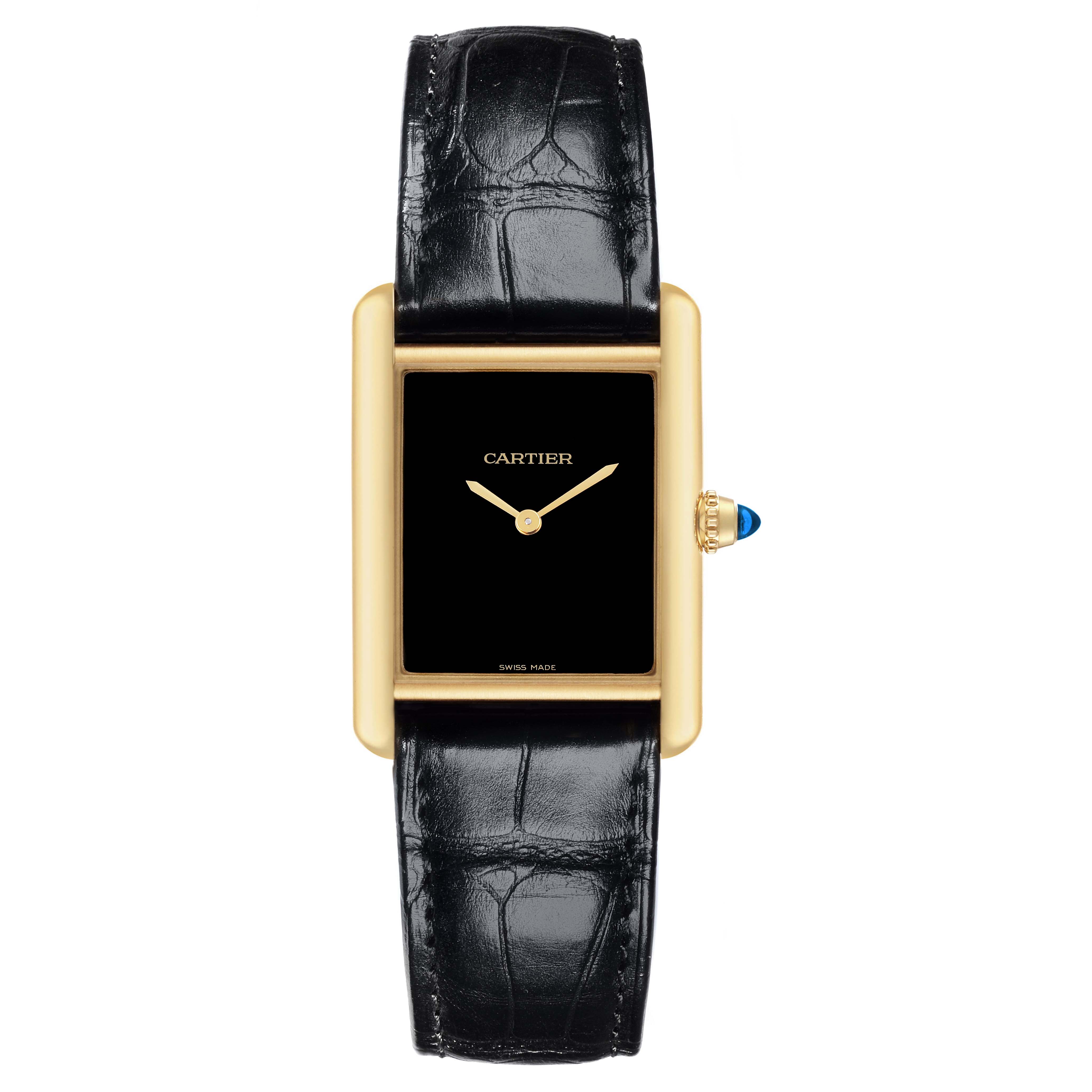 The Cartier Tank Louis WGTA0091 Men's Yellow Gold Black Dial WGTA0091 Men's Yellow Gold Black Dial watch is shown from a top view, highlighting its rectangular face, gold case, and black leather strap.