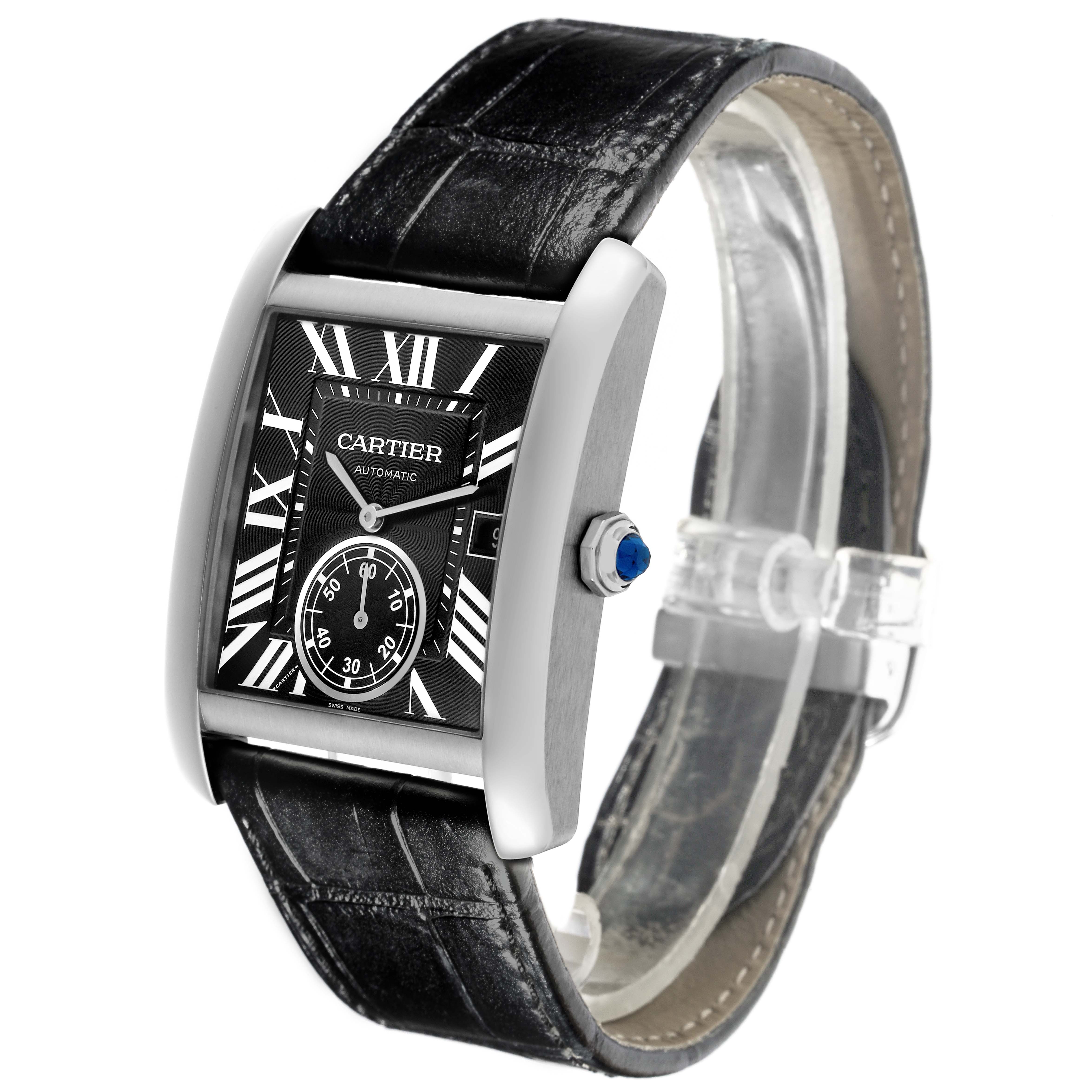 The Cartier Tank MC W5330004 Men's Stainless Steel Black Dial W5330004 Men's Stainless Steel Black Dial watch is shown at an angled side view, highlighting its black leather strap, dial, and crown with a blue cabochon.