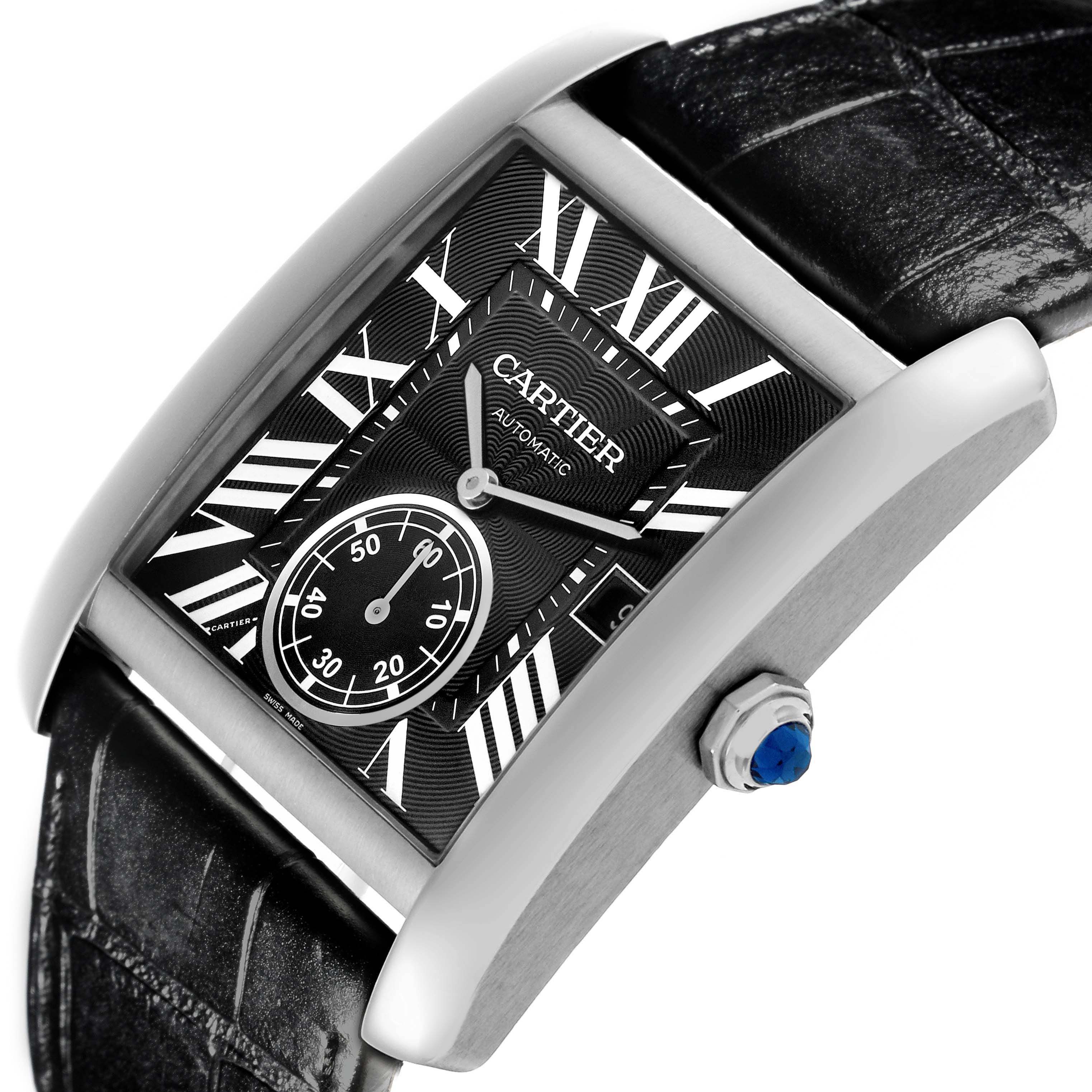 The Cartier Tank MC W5330004 Men's Stainless Steel Black Dial W5330004 Men's Stainless Steel Black Dial is shown at an angled view highlighting its black dial, Roman numerals, and leather strap.