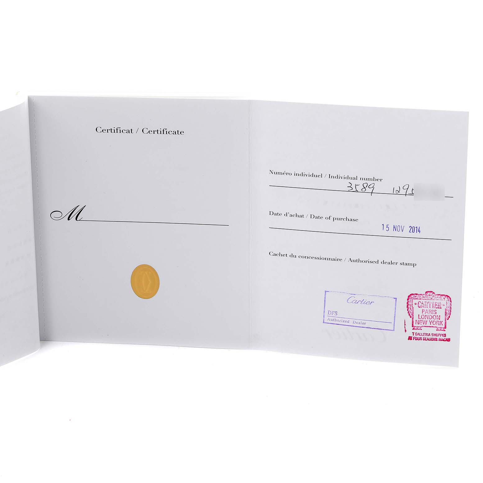 The image shows the open warranty card for the Cartier Tank MC W5330004 Men's Stainless Steel Black Dial W5330004 Men's Stainless Steel Black Dial watch, detailing purchase information and dealer stamps.