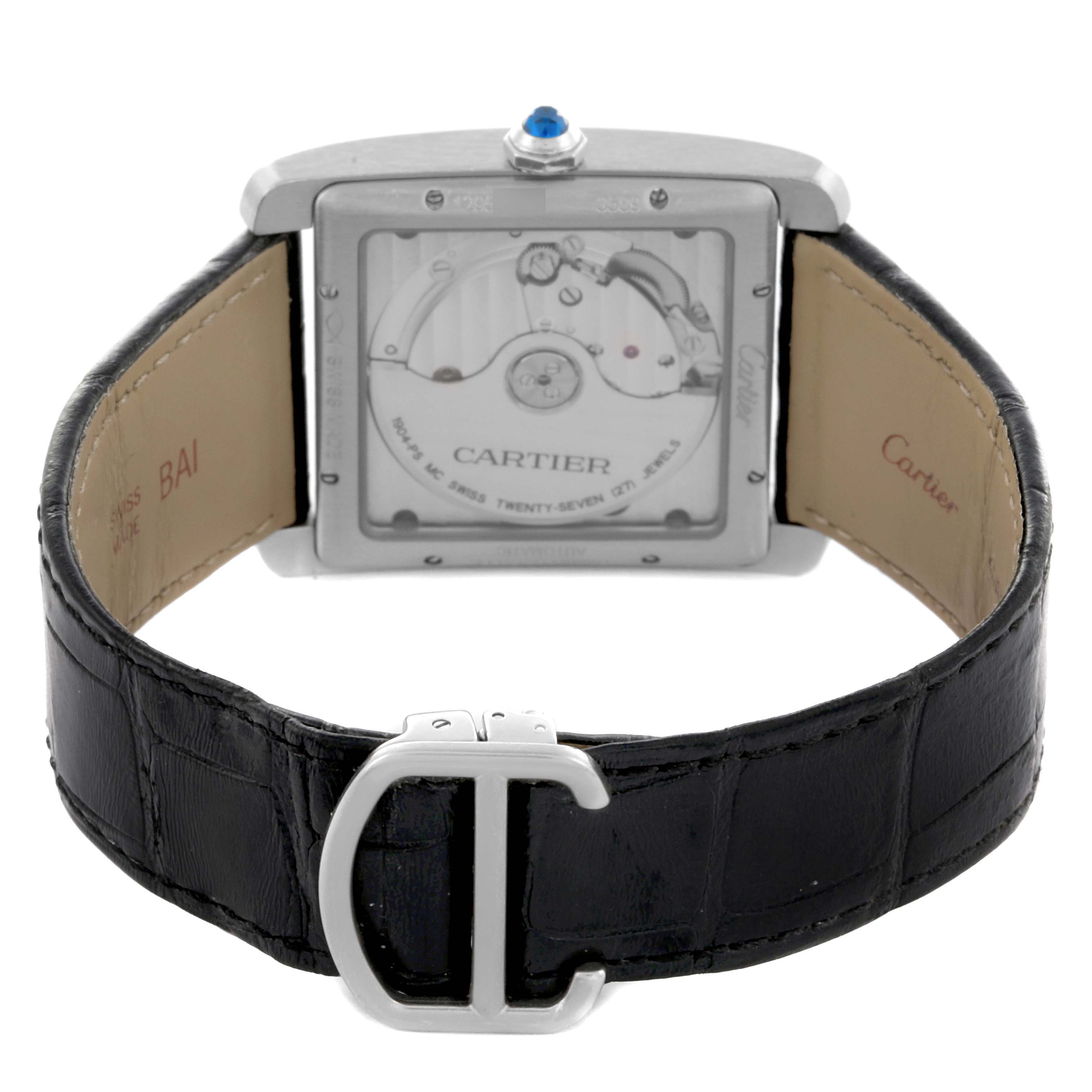 The image shows the back of the Cartier Tank MC W5330004 Men's Stainless Steel Black Dial W5330004 Men's Stainless Steel Black Dial watch, displaying its movement and black leather strap.