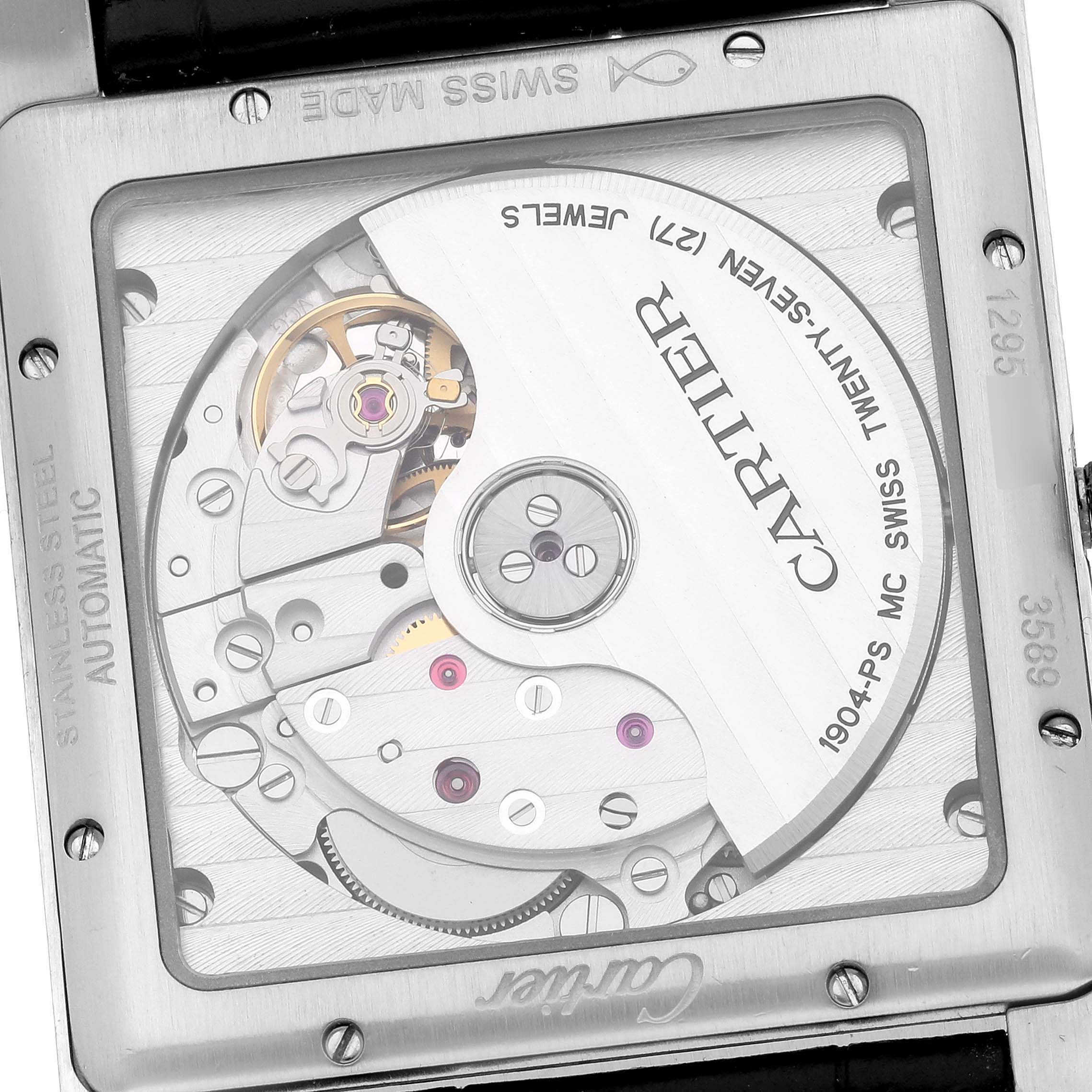 The image shows the back of the Cartier Tank MC W5330004 Men's Stainless Steel Black Dial W5330004 Men's Stainless Steel Black Dial watch, highlighting its automatic movement and internal components.