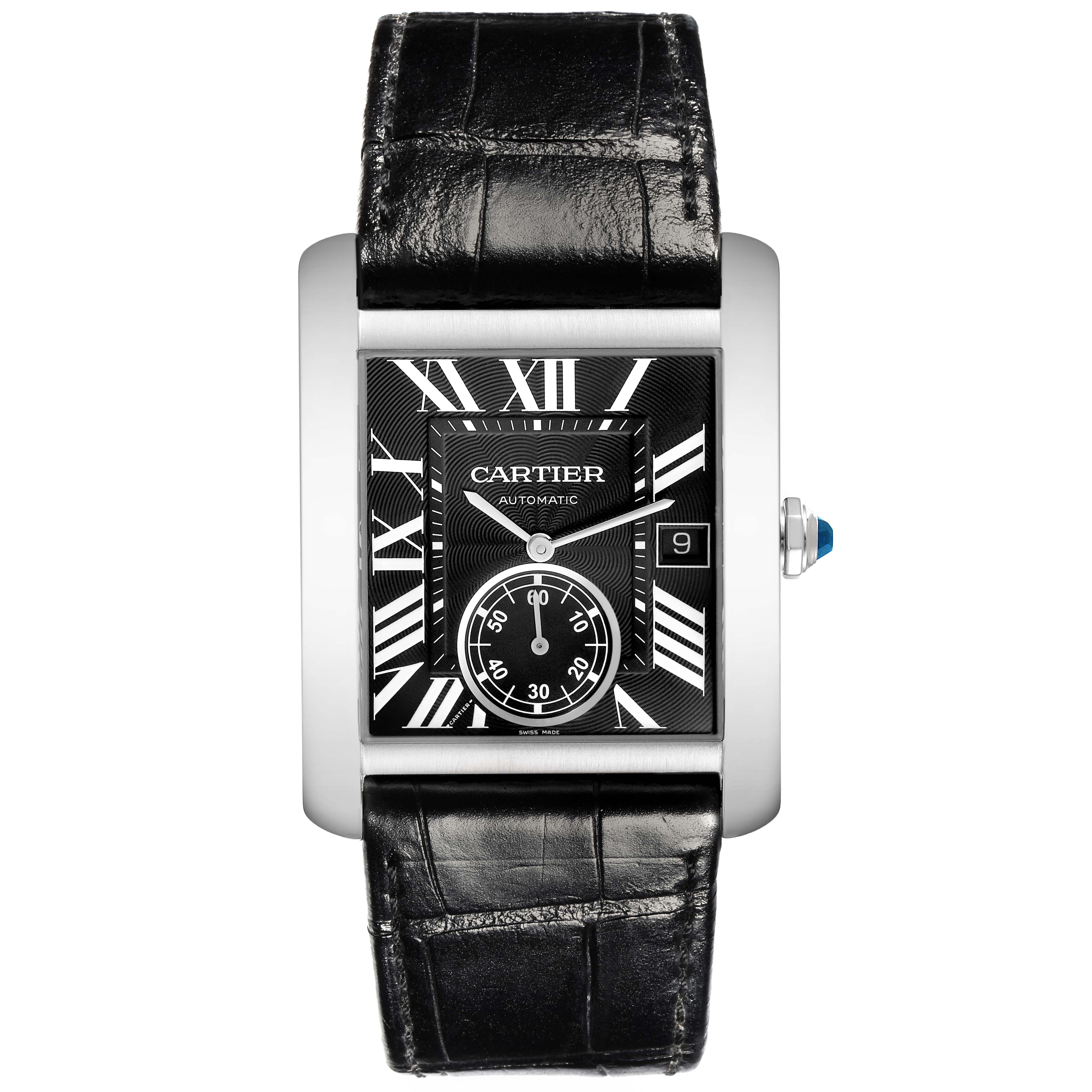 This image shows a frontal view of the Cartier Tank MC W5330004 Men's Stainless Steel Black Dial W5330004 Men's Stainless Steel Black Dial watch, highlighting its dial, strap, and crown with a gemstone.