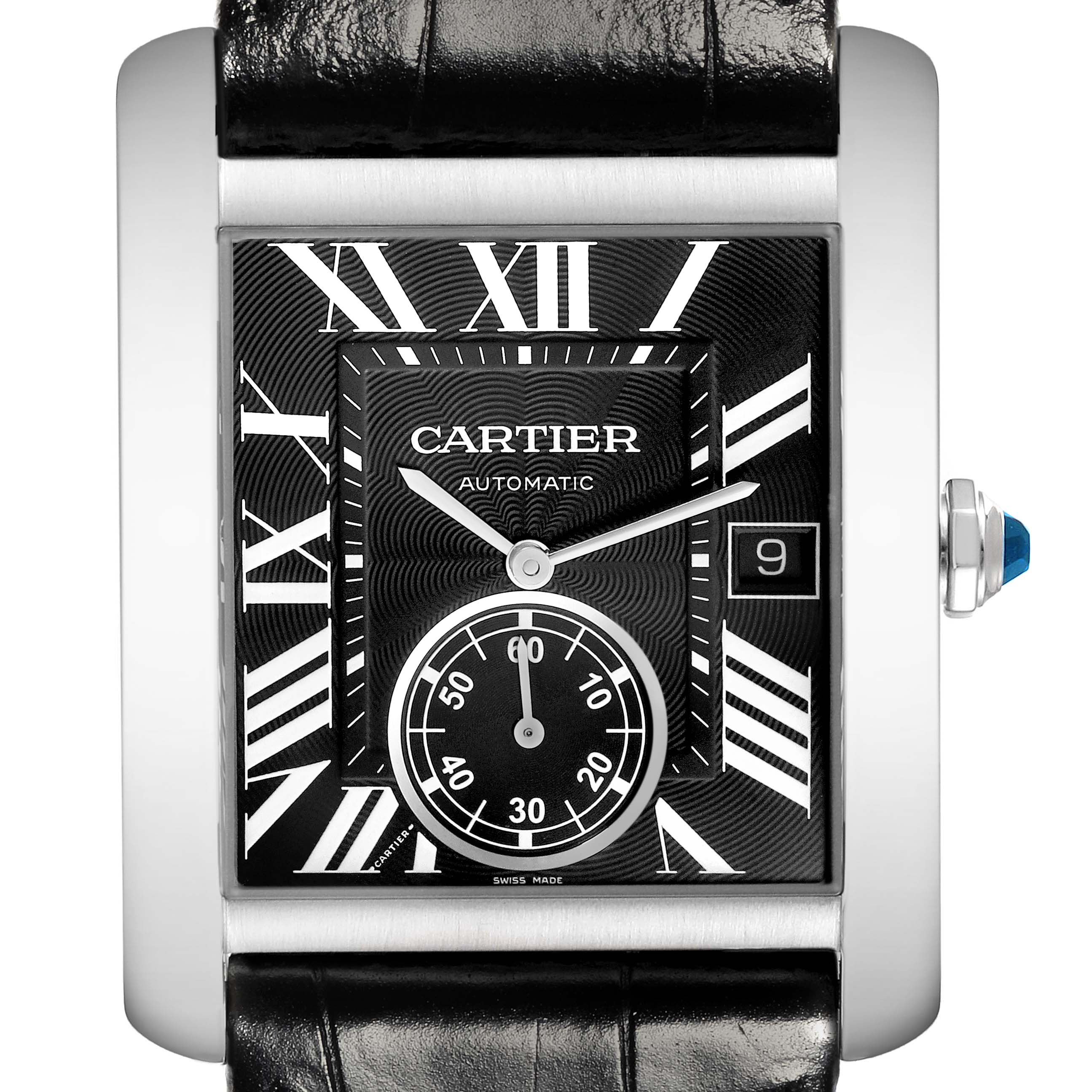 The Cartier Tank MC W5330004 Men's Stainless Steel Black Dial W5330004 Men's Stainless Steel Black Dial watch is shown from the front, highlighting the dial, Roman numerals, hands, subdial, and crown.