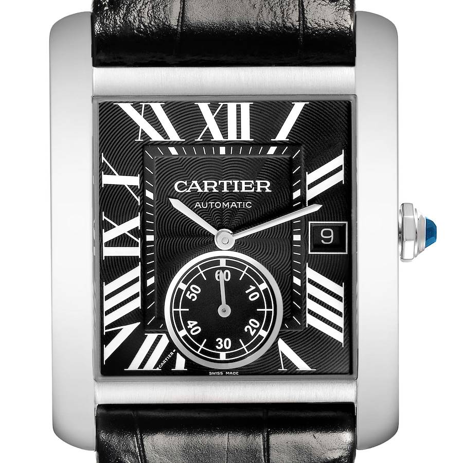 The Cartier Tank MC watch is shown from the front, highlighting the dial, Roman numerals, hands, subdial, and crown.