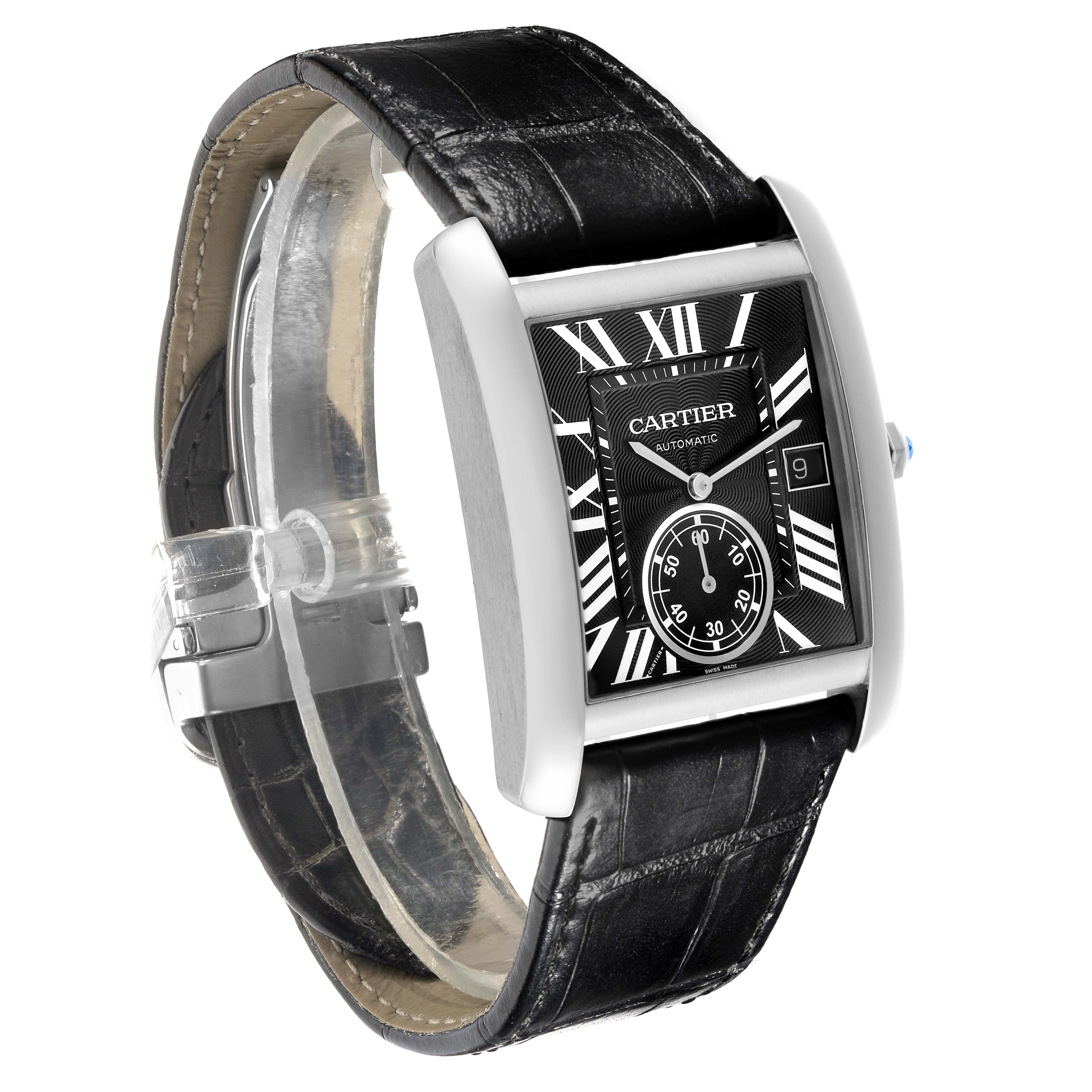 The Cartier Tank MC W5330004 Men's Stainless Steel Black Dial W5330004 Men's Stainless Steel Black Dial watch is shown at an angle highlighting the front, face, and black leather strap.