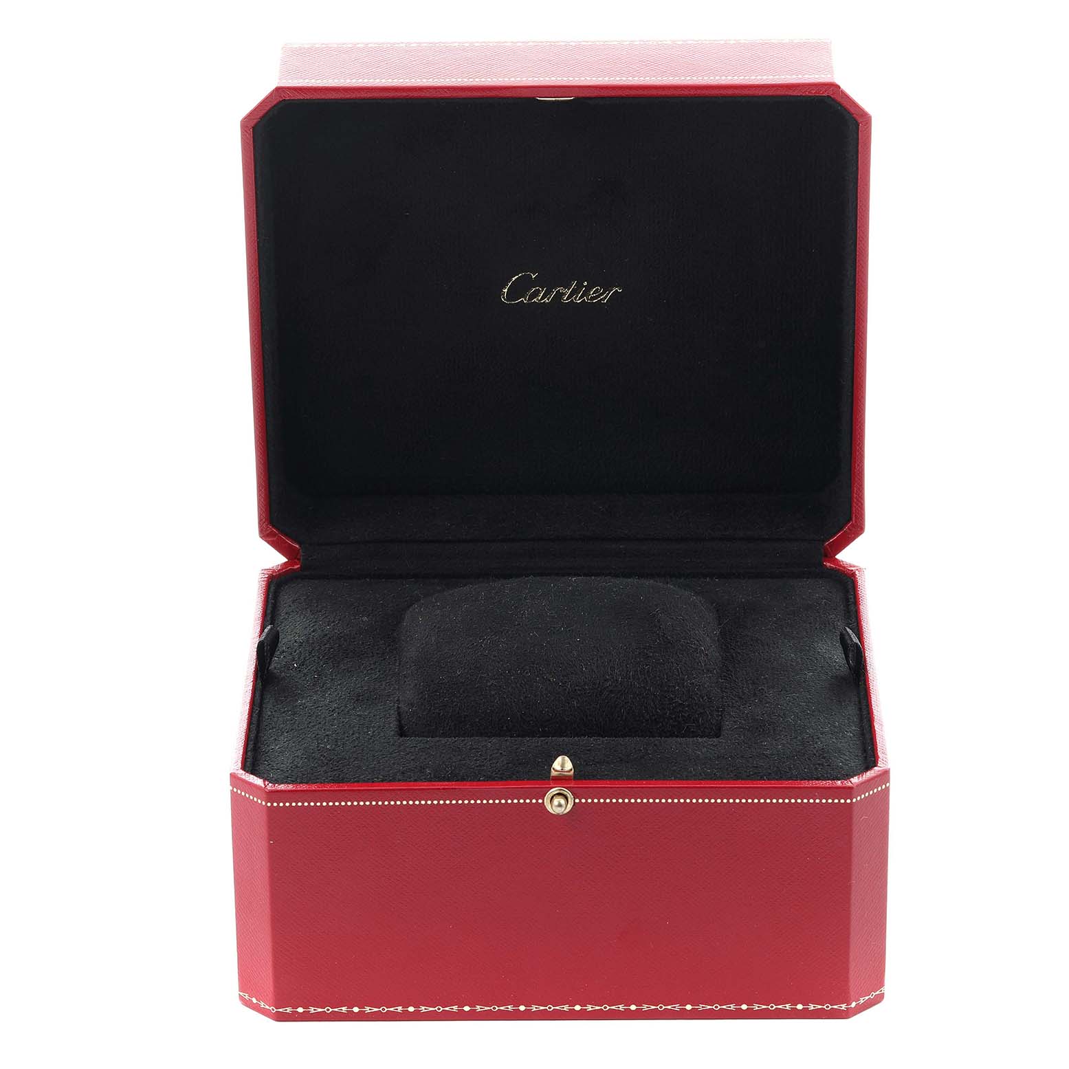 The image shows an open Cartier watch box, likely for the Tank MC model, with a cushioned interior.