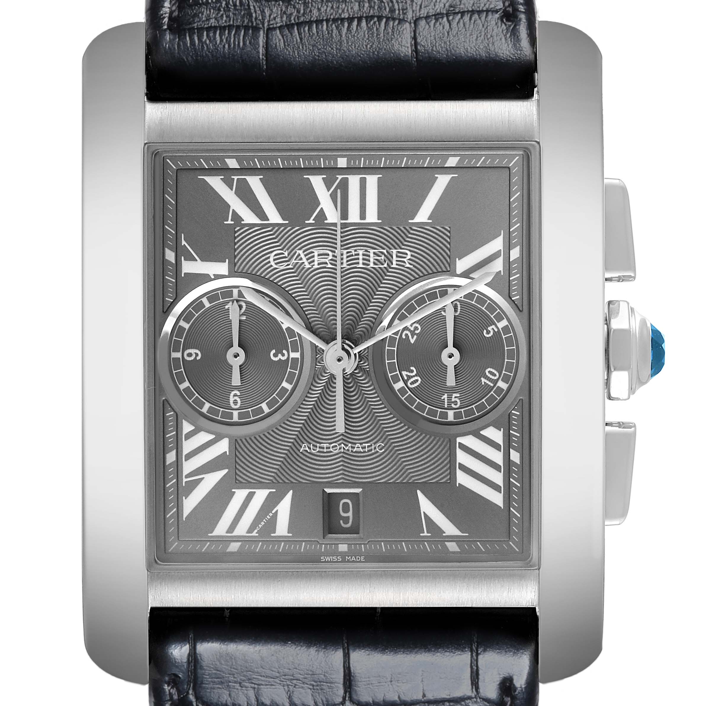 The Cartier Tank MC W5330008 Men's Stainless Steel Grey Dial W5330008 Men's Stainless Steel Grey Dial watch is shown front-facing, highlighting the dial, Roman numerals, sub-dials, and date display.