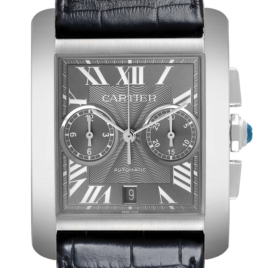 The Cartier Tank MC watch is shown front-facing, highlighting the dial, Roman numerals, sub-dials, and date display.