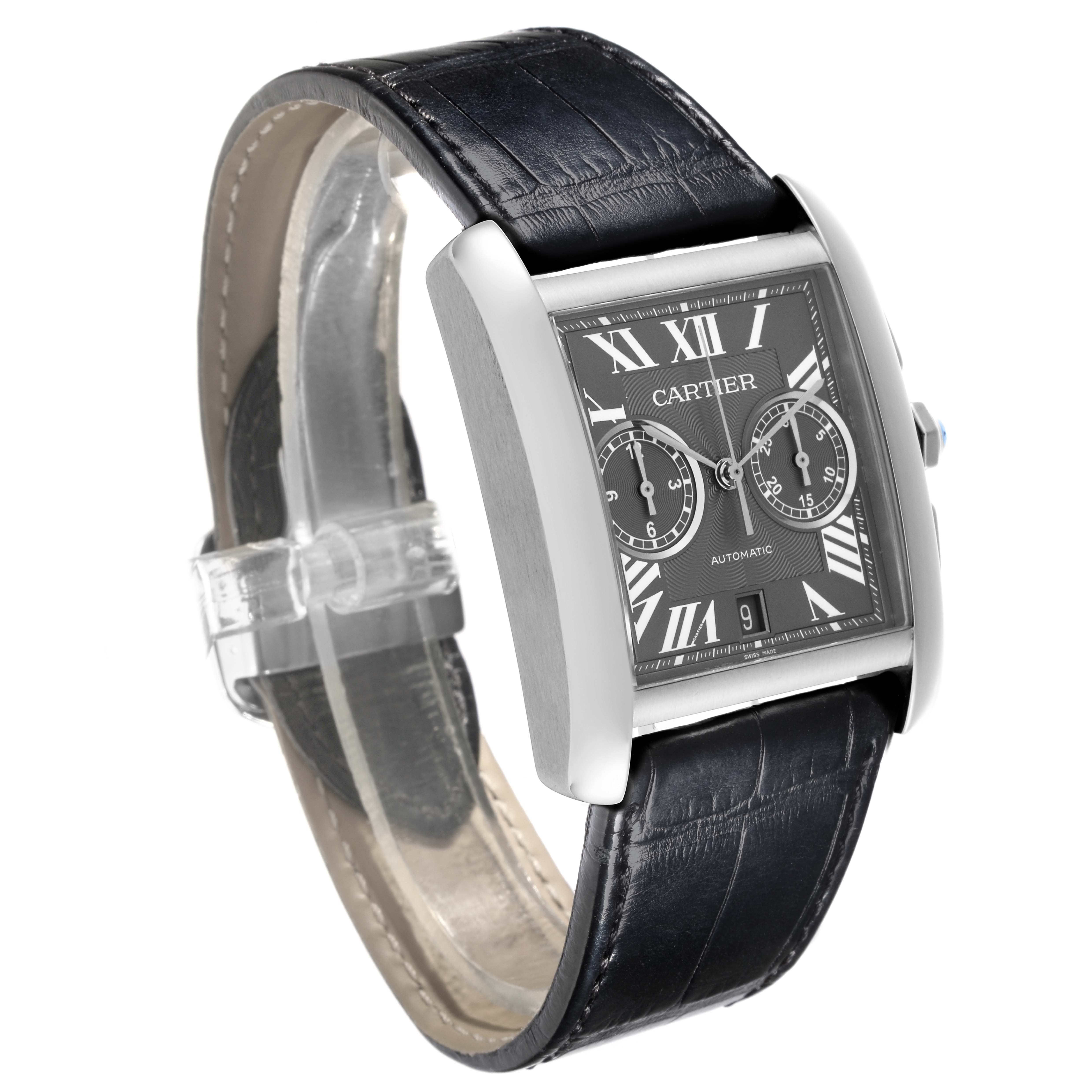 The Cartier Tank MC W5330008 Men's Stainless Steel Grey Dial W5330008 Men's Stainless Steel Grey Dial watch is shown at a three-quarter angle, displaying the dial, case, and leather strap.