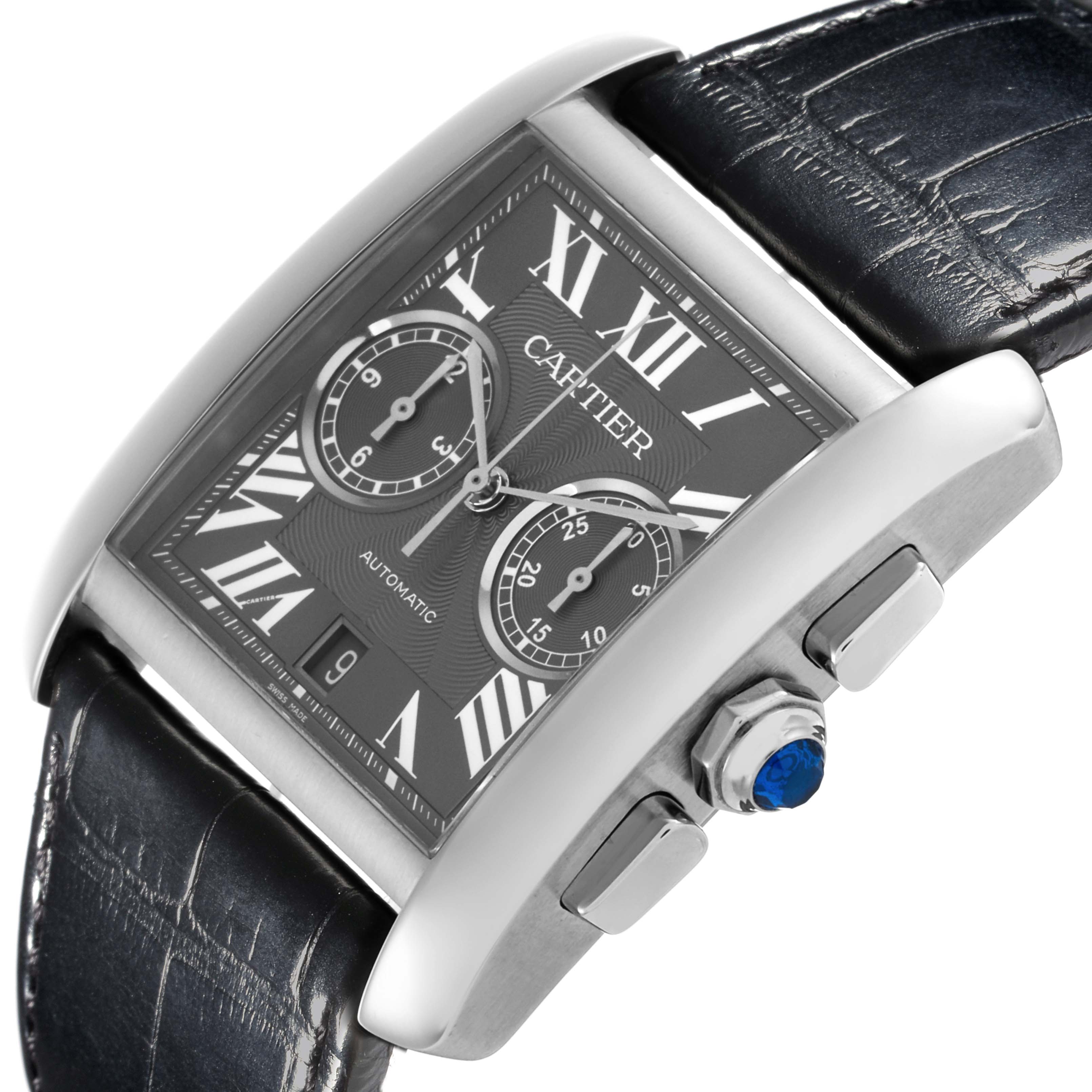 The Cartier Tank MC W5330008 Men's Stainless Steel Grey Dial W5330008 Men's Stainless Steel Grey Dial watch is shown at an angled side view, highlighting the crown, pushers, and part of the strap.