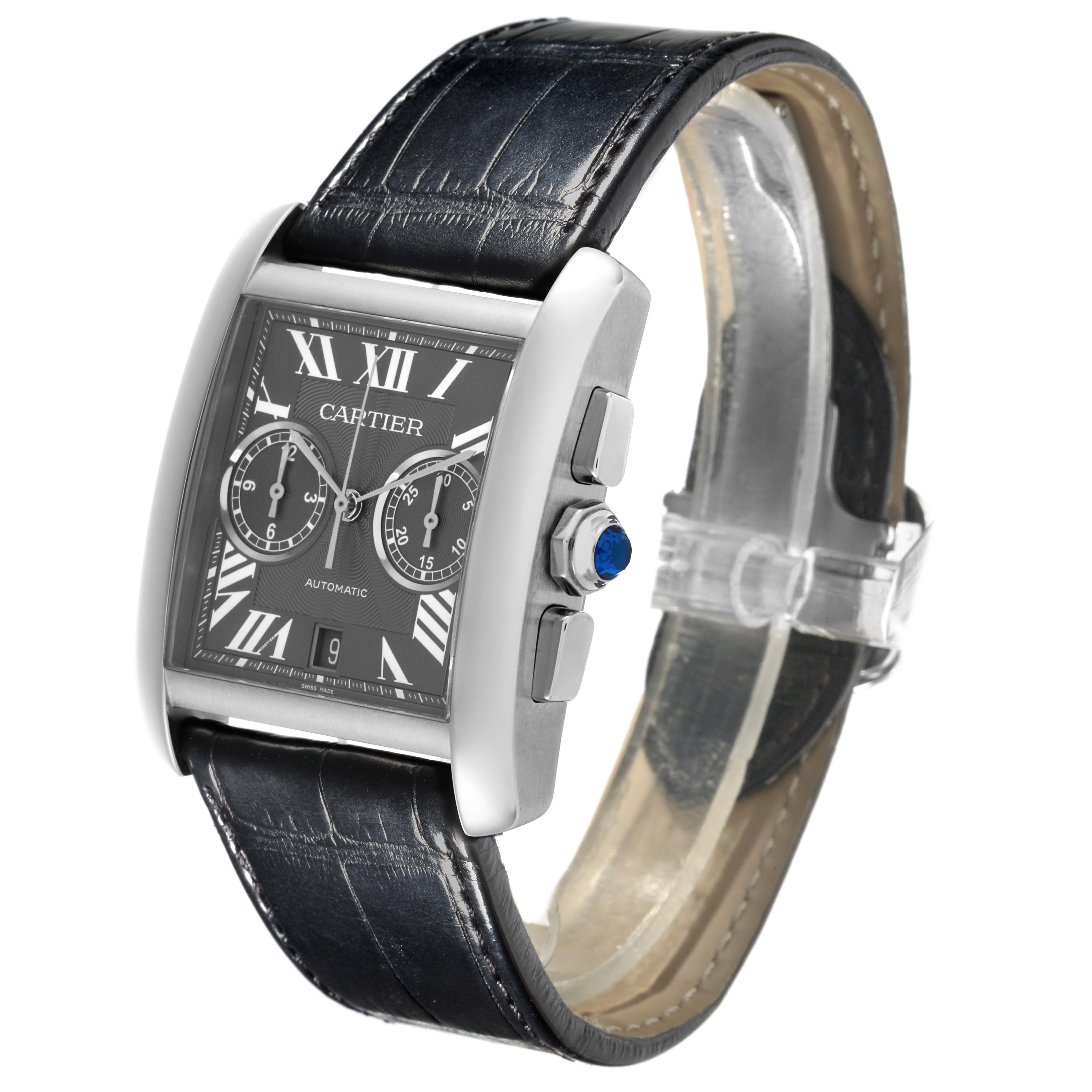 The Tank MC model by Cartier is shown at a three-quarter angle, displaying its face, Roman numerals, side crown, and leather strap.