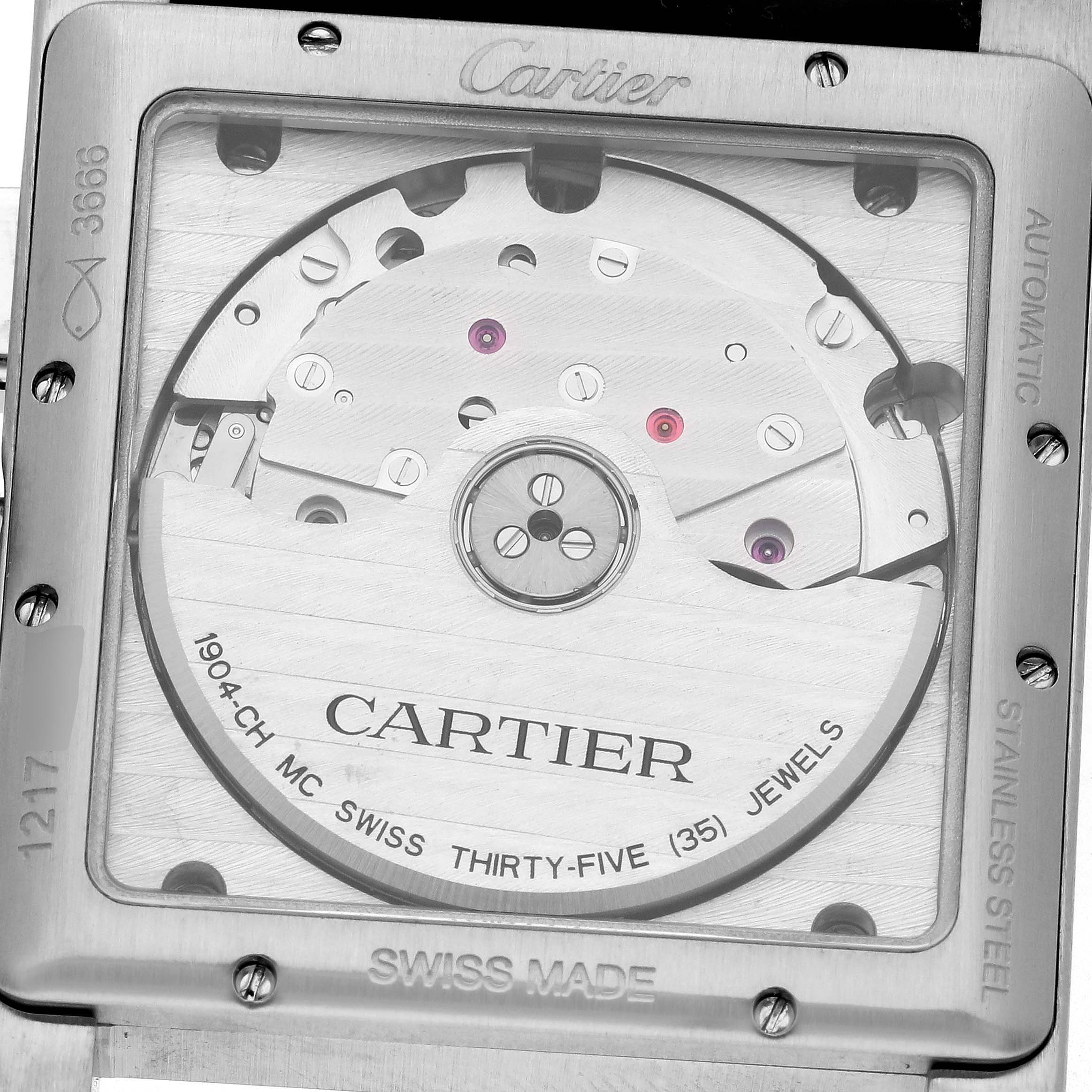 The image shows the back of a Cartier Tank MC W5330008 Men's Stainless Steel Grey Dial W5330008 Men's Stainless Steel Grey Dial watch, highlighting its automatic movement and intricate internal mechanics.