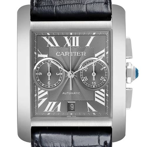 The Cartier Tank MC watch is shown from the front, displaying its face, Roman numerals, sub-dials, and leather strap.