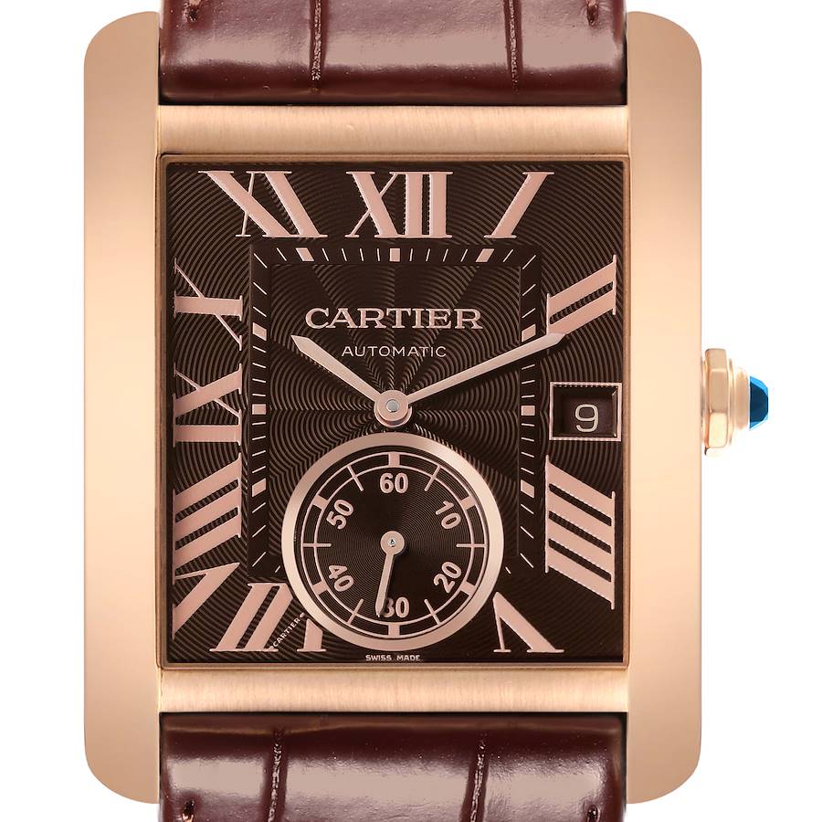 The Cartier Tank MC watch is shown from a front angle, displaying the dial, Roman numerals, hands, date window, and crown.