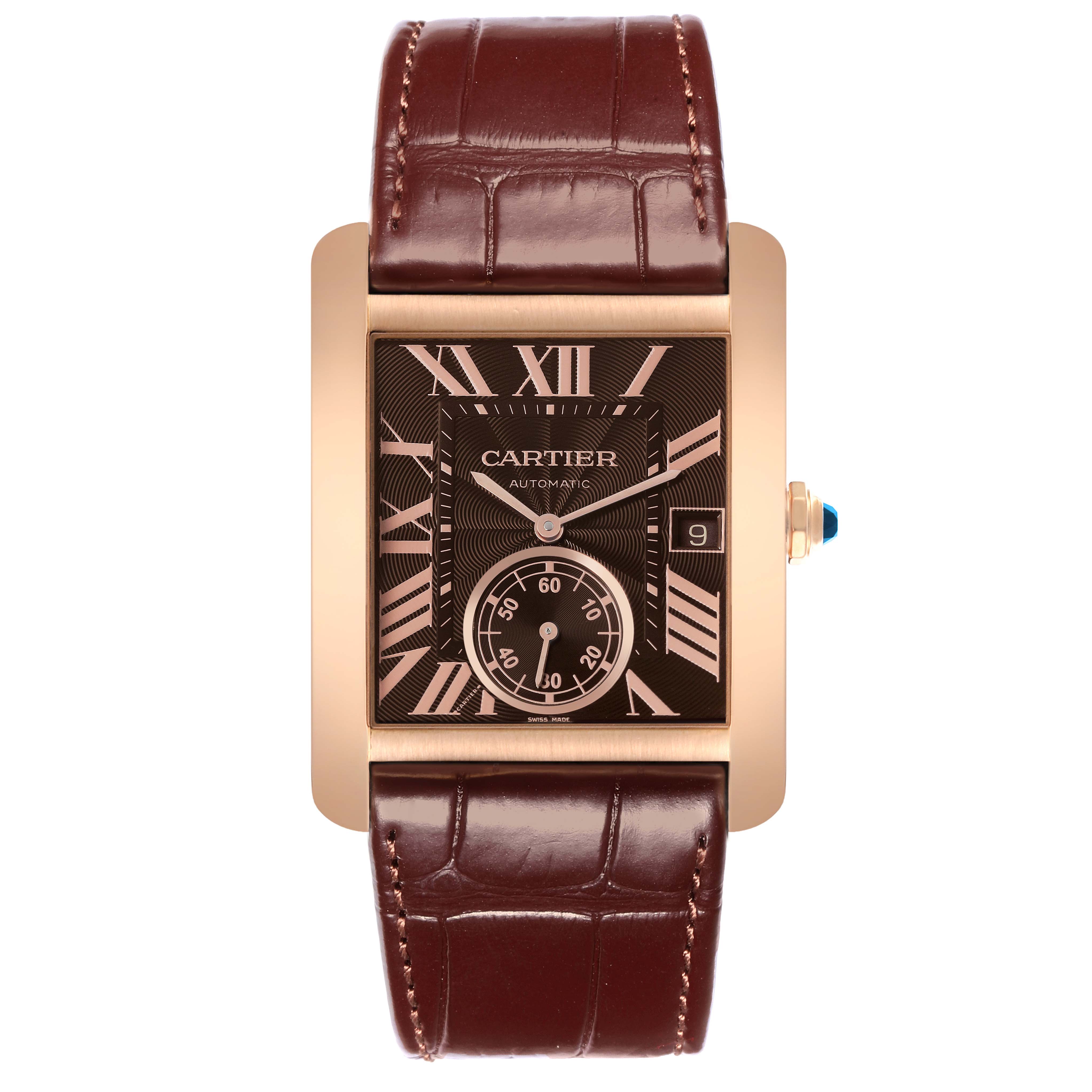 The Cartier Tank MC W5330002 Men's Rose Gold Brown Dial W5330002 Men's Rose Gold Brown Dial watch is shown from a frontal angle, displaying the dial, case, and strap.
