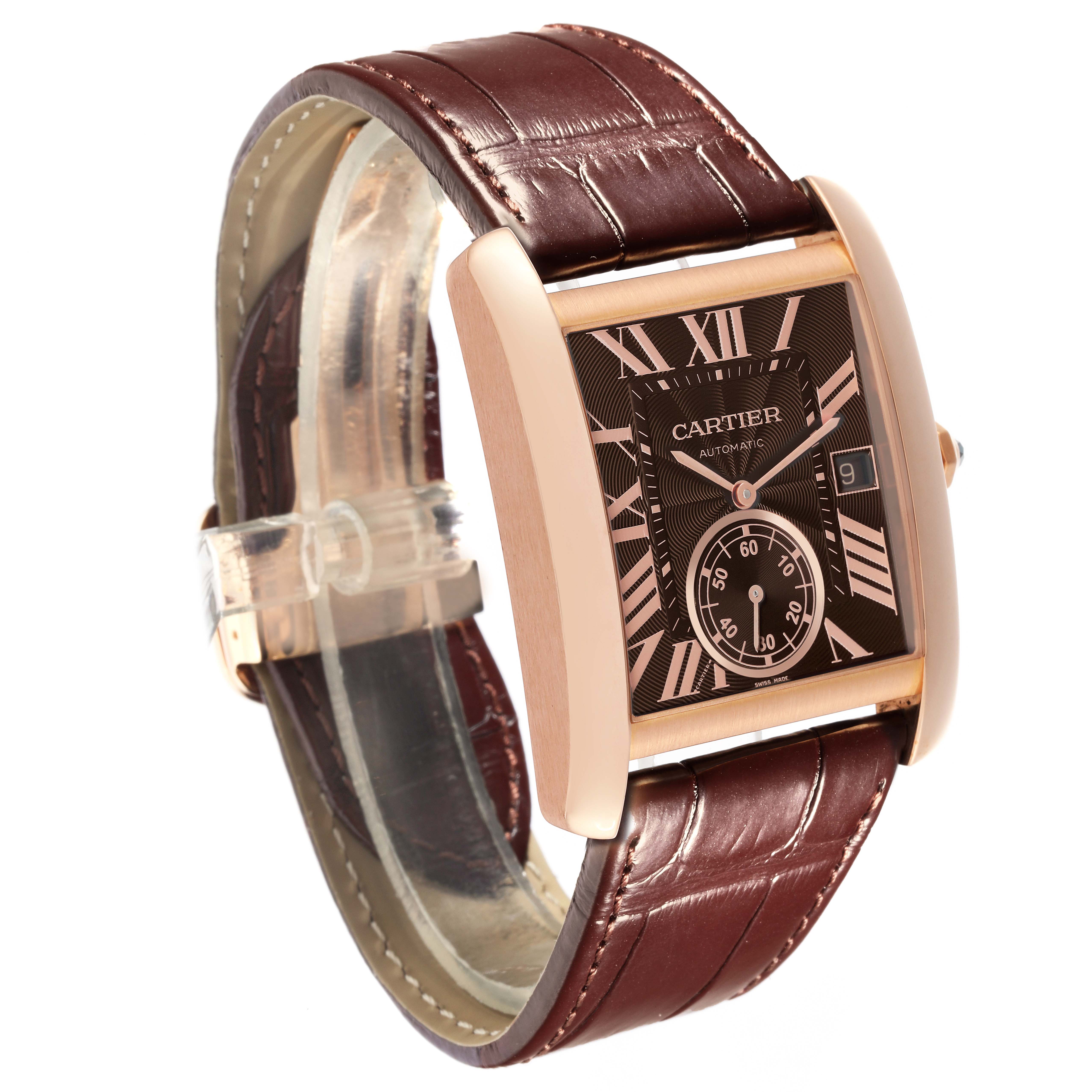The Cartier Tank MC W5330002 Men's Rose Gold Brown Dial W5330002 Men's Rose Gold Brown Dial watch is shown at a three-quarter angle, highlighting the dial, casing, and leather strap.