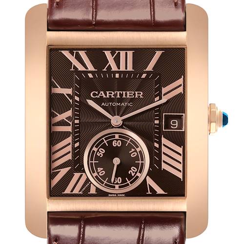 The Cartier Tank MC watch is shown from a front view, highlighting its dial, Roman numerals, date window, and leather strap.