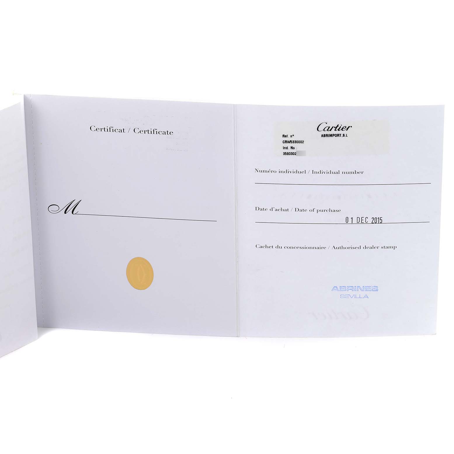 The image shows a Cartier Tank MC W5330002 Men's Rose Gold Brown Dial W5330002 Men's Rose Gold Brown Dial model certificate with purchase details and dealer stamp.