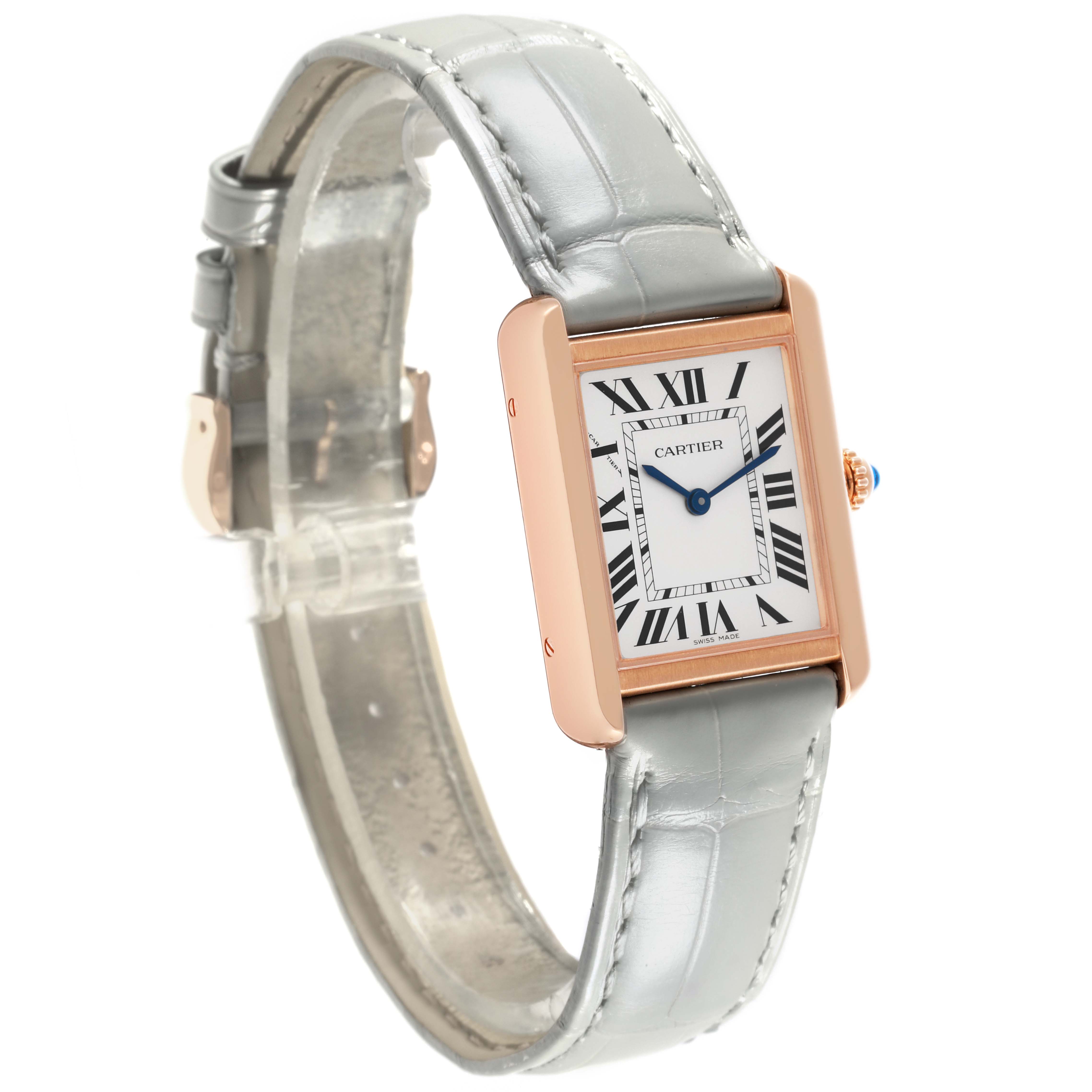 The Cartier Tank Solo W5200024 Women's Steel and Gold (two tone) Silver Dial W5200024 Women's Steel and Gold (two tone) Silver Dial watch is shown at a slight angle, displaying its rectangular face and a gray leather strap.