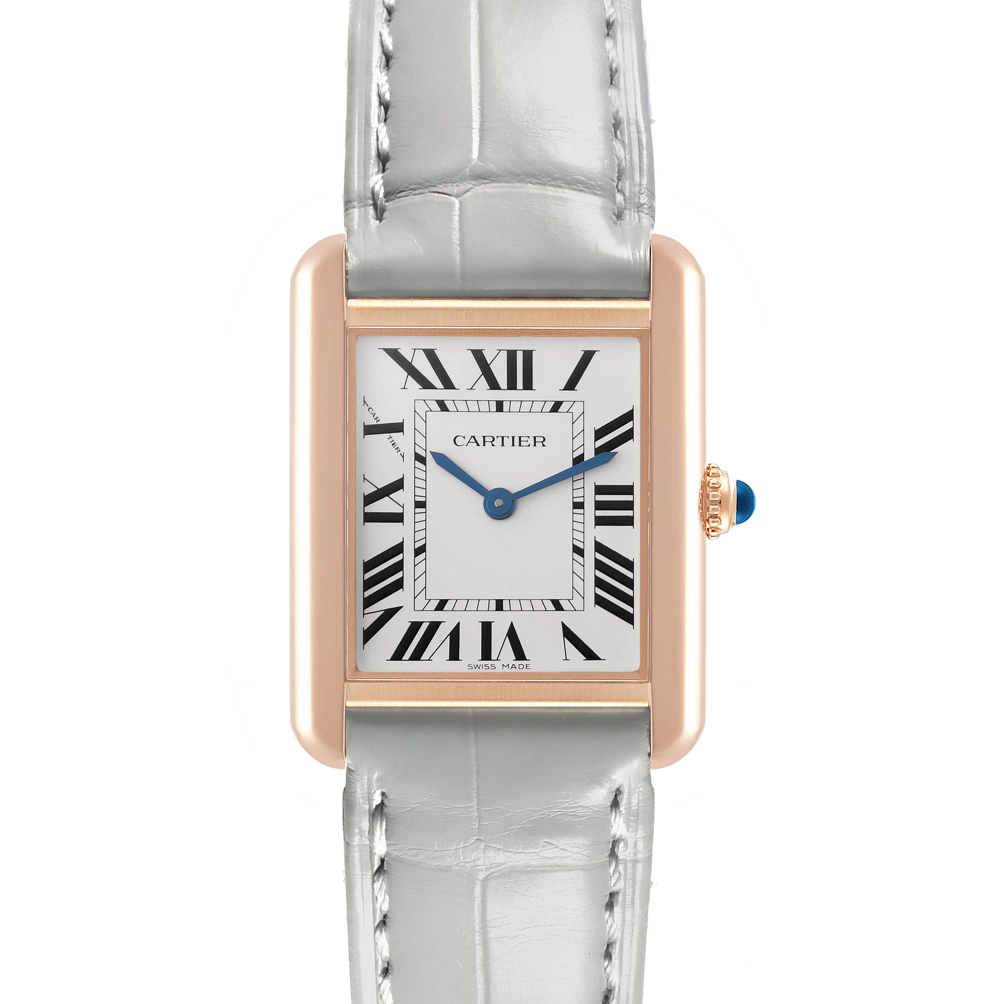 The Cartier Tank Solo W5200024 Women's Steel and Gold (two tone) Silver Dial W5200024 Women's Steel and Gold (two tone) Silver Dial watch is shown from the front, featuring its rectangular case, Roman numerals, blue hands, and leather strap.