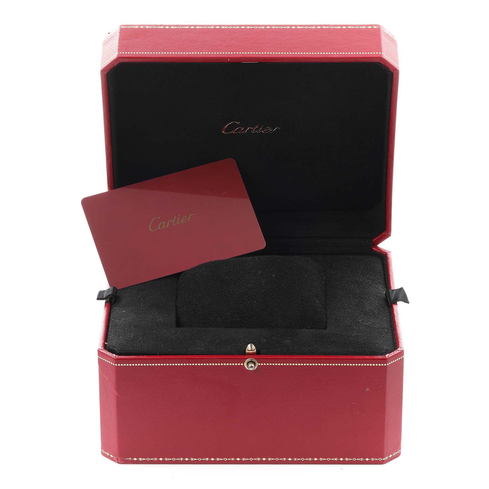 The image shows a Cartier Tank Solo W5200024 Women's Steel and Gold (two tone) Silver Dial W5200024 Women's Steel and Gold (two tone) Silver Dial watch box and card, viewed from the front with the box open.