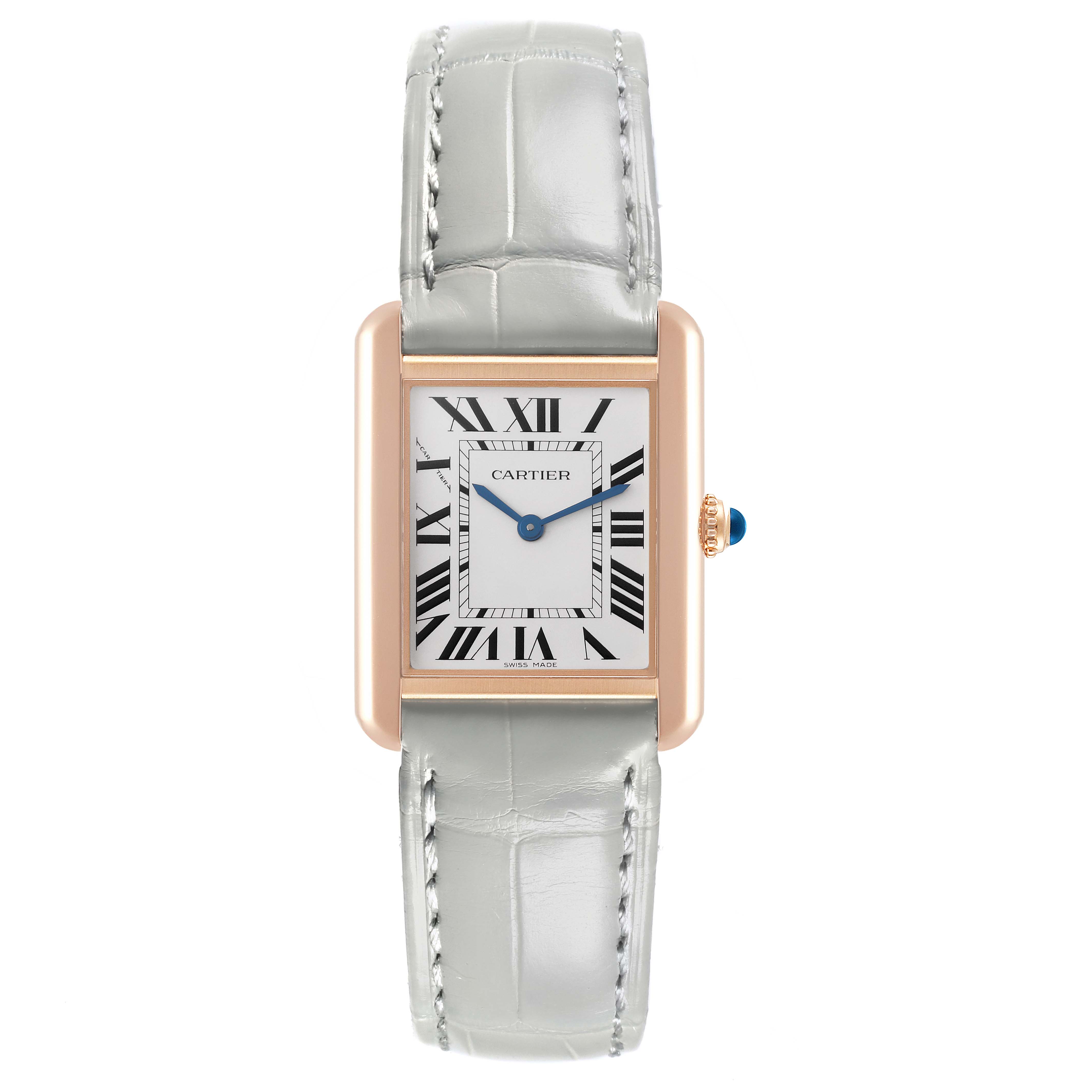 The Cartier Tank Solo W5200024 Women's Steel and Gold (two tone) Silver Dial W5200024 Women's Steel and Gold (two tone) Silver Dial watch is shown from a straight-on angle, displaying the face, rectangular case, Roman numerals, and gray strap.