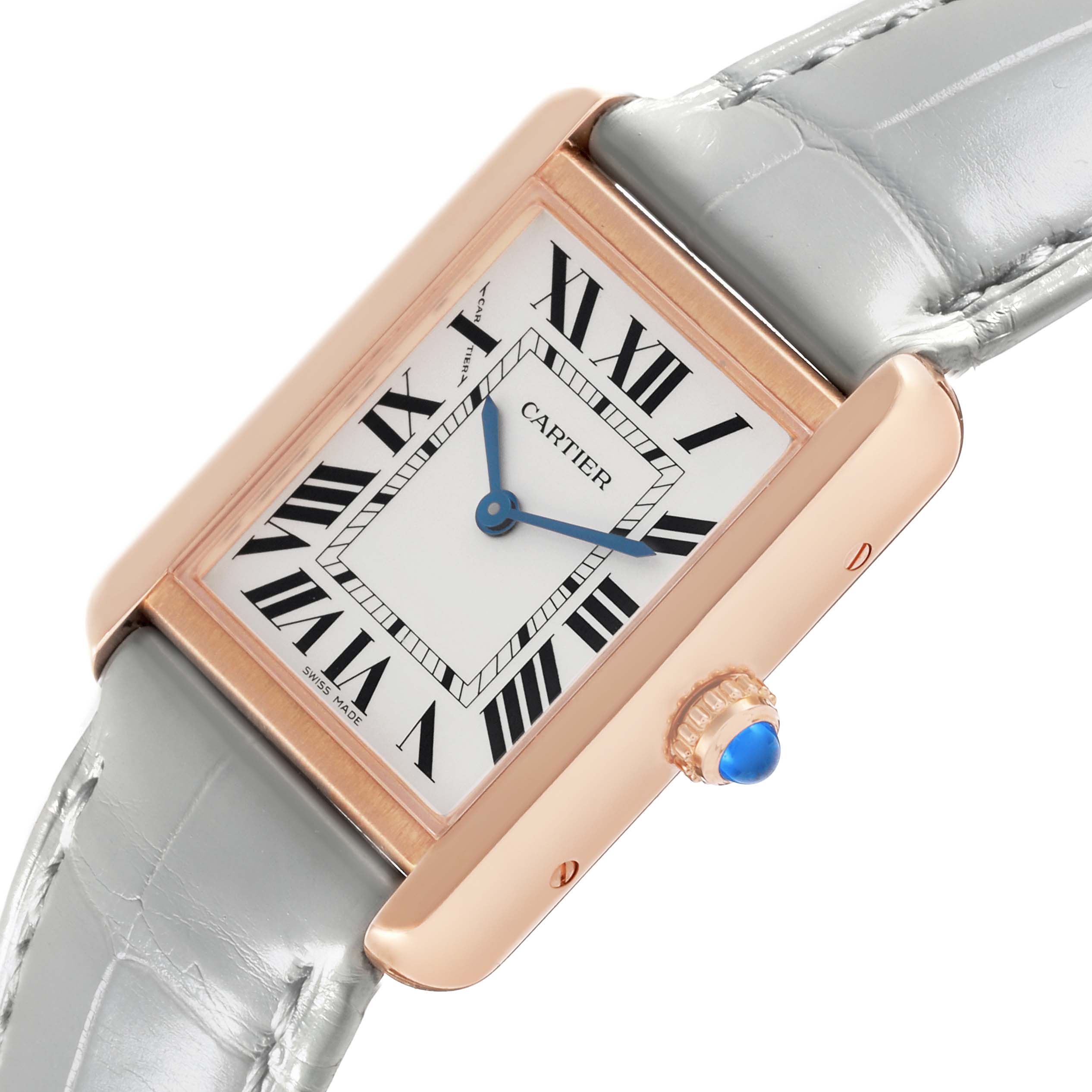 The Cartier Tank Solo W5200024 Women's Steel and Gold (two tone) Silver Dial W5200024 Women's Steel and Gold (two tone) Silver Dial watch is shown at an angled side view, highlighting its face, case, crown, and grey strap.