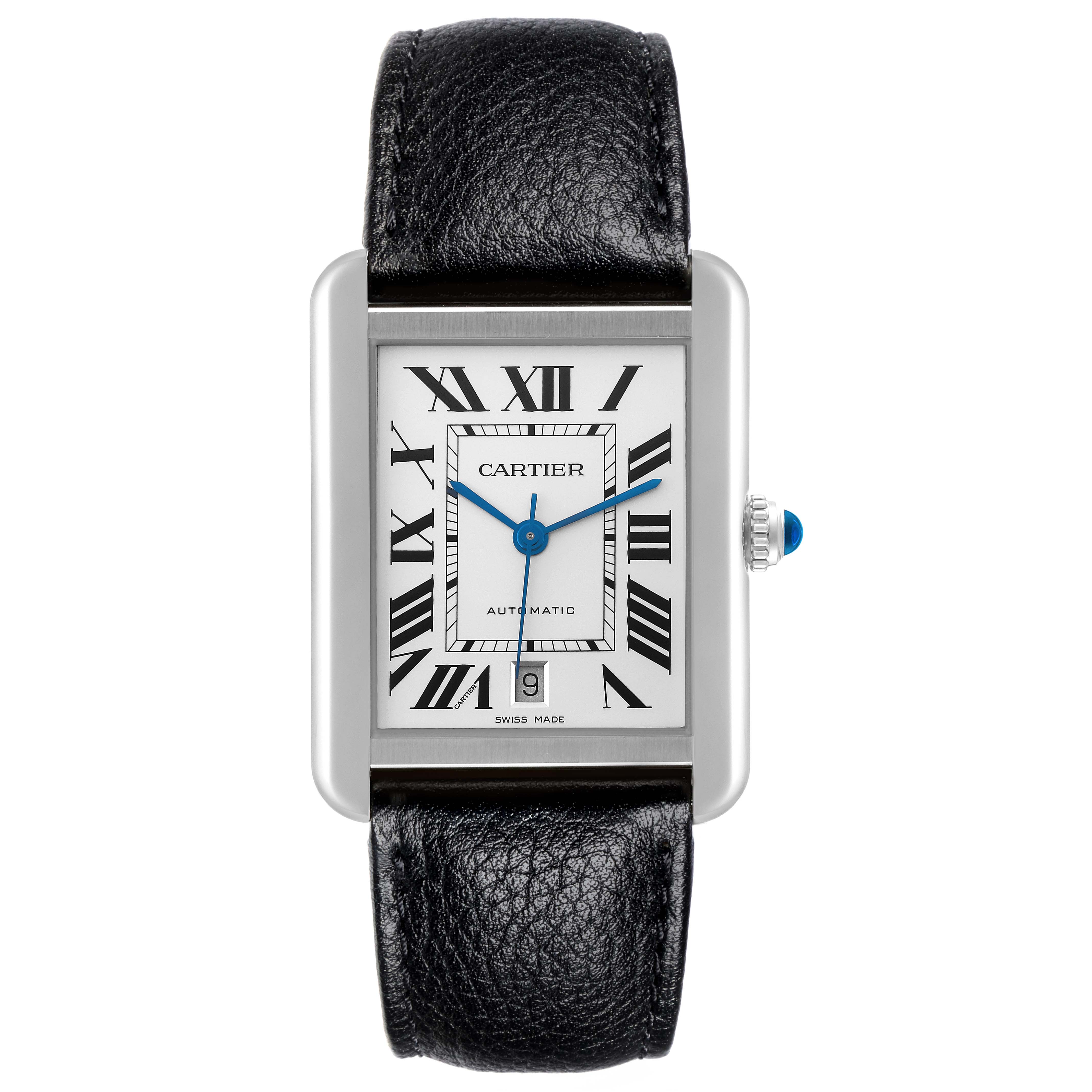 The Cartier Tank Solo WSTA0029 Men's Stainless Steel Silver Dial WSTA0029 Men's Stainless Steel Silver Dial watch is shown from a front view displaying its dial, Roman numerals, blued steel hands, and leather strap.