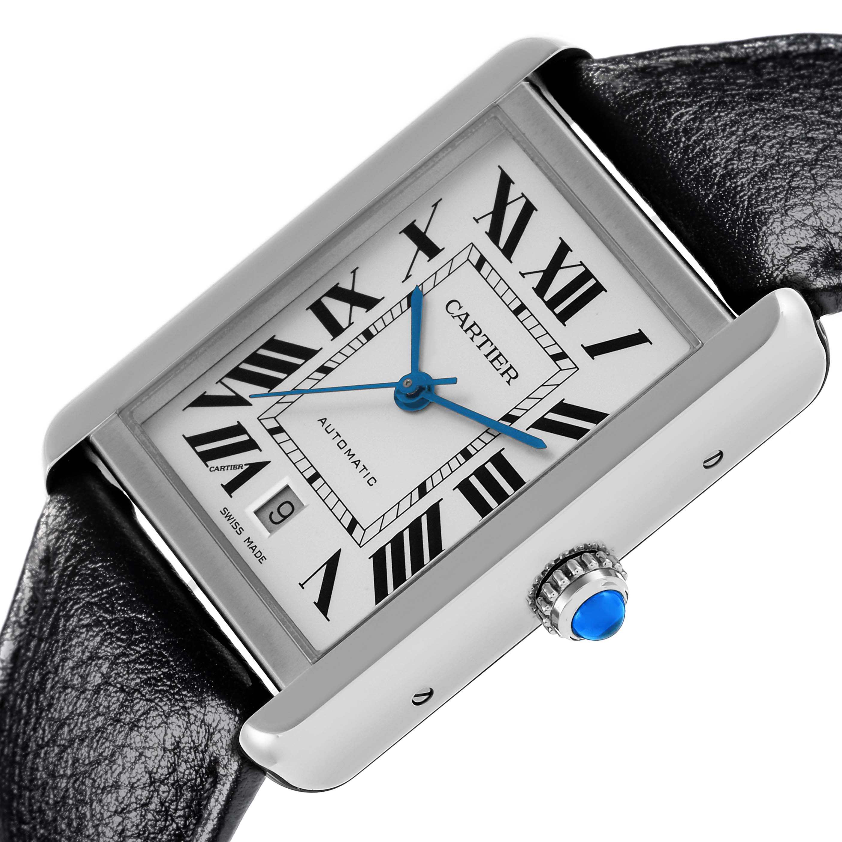 The Cartier Tank Solo WSTA0029 Men's Stainless Steel Silver Dial WSTA0029 Men's Stainless Steel Silver Dial watch is shown at an angle highlighting the face, blue hands, Roman numerals, date window, and crown.