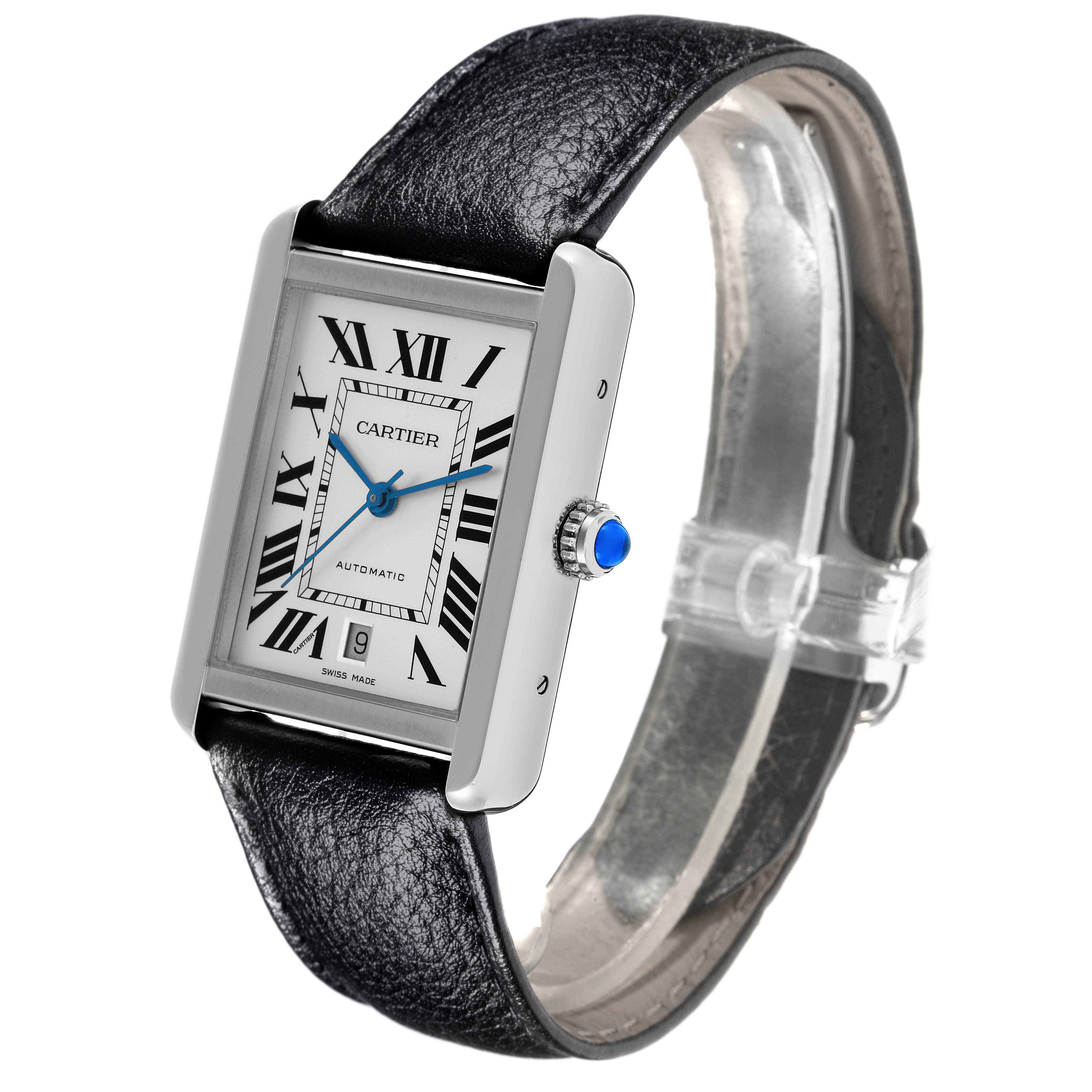 The Cartier Tank Solo WSTA0029 Men's Stainless Steel Silver Dial WSTA0029 Men's Stainless Steel Silver Dial watch is shown at a three-quarter angle, highlighting the face, strap, and crown.