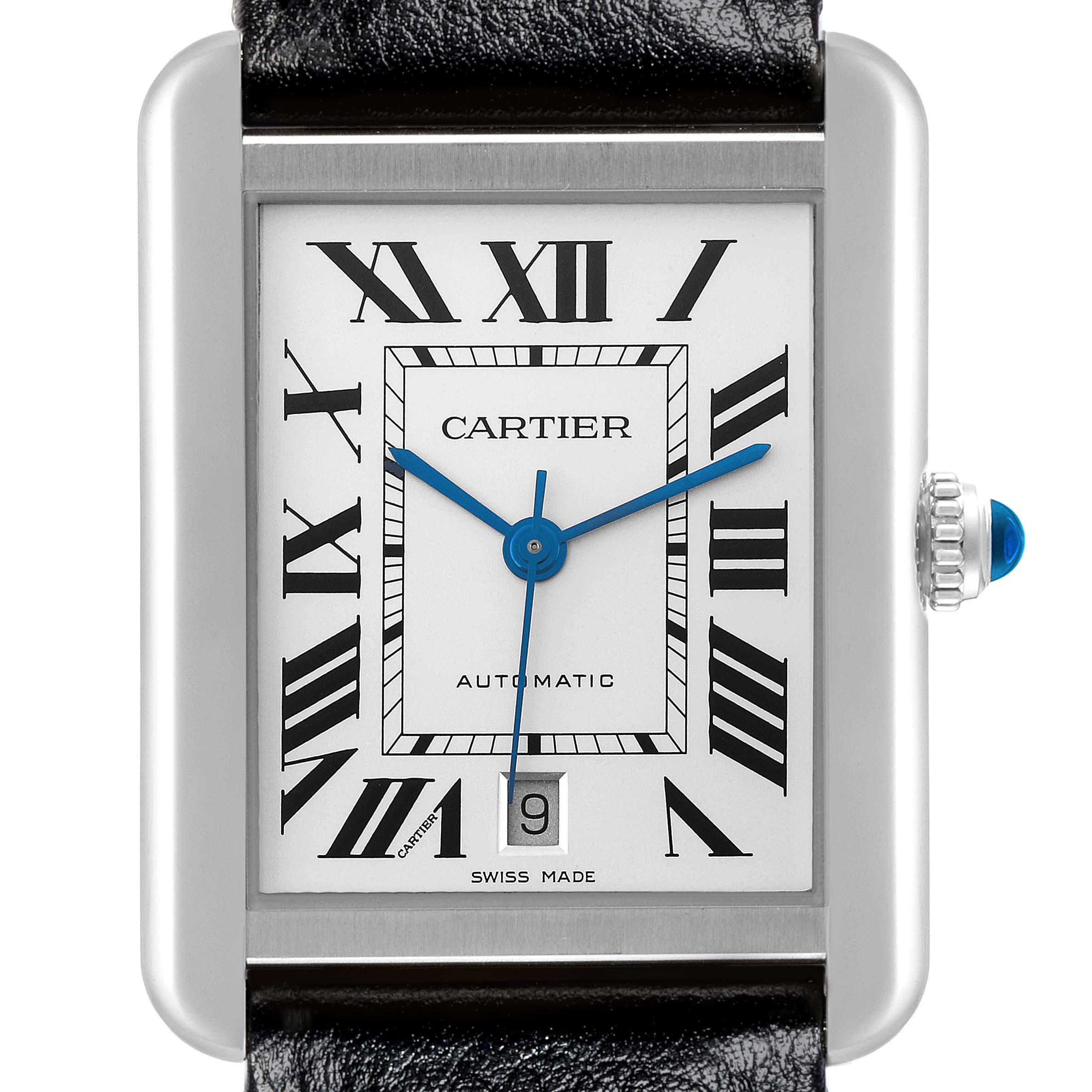 The Cartier Tank Solo WSTA0029 Men's Stainless Steel Silver Dial WSTA0029 Men's Stainless Steel Silver Dial watch is shown from the front, highlighting the dial, hands, Roman numerals, and crown.