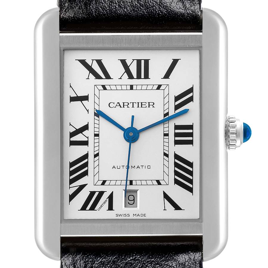 The Cartier Tank Solo watch is shown from the front, highlighting the dial, hands, Roman numerals, and crown.