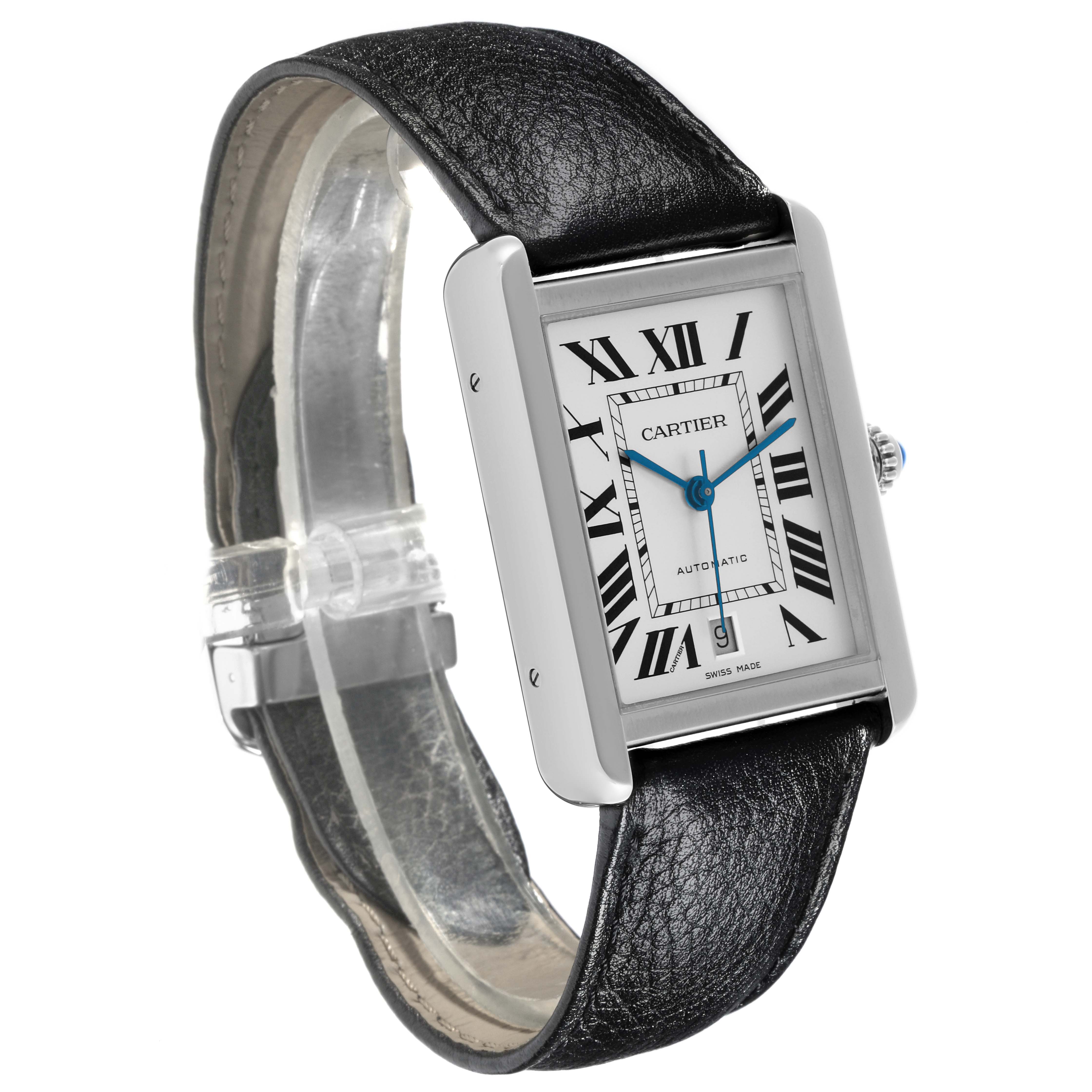 The Cartier Tank Solo WSTA0029 Men's Stainless Steel Silver Dial WSTA0029 Men's Stainless Steel Silver Dial watch is shown at a front angle, displaying its rectangular face, Roman numerals, and leather strap.