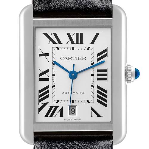 The image shows a close-up of the Cartier Tank Solo watch face, highlighting the Roman numerals and sapphire crown.