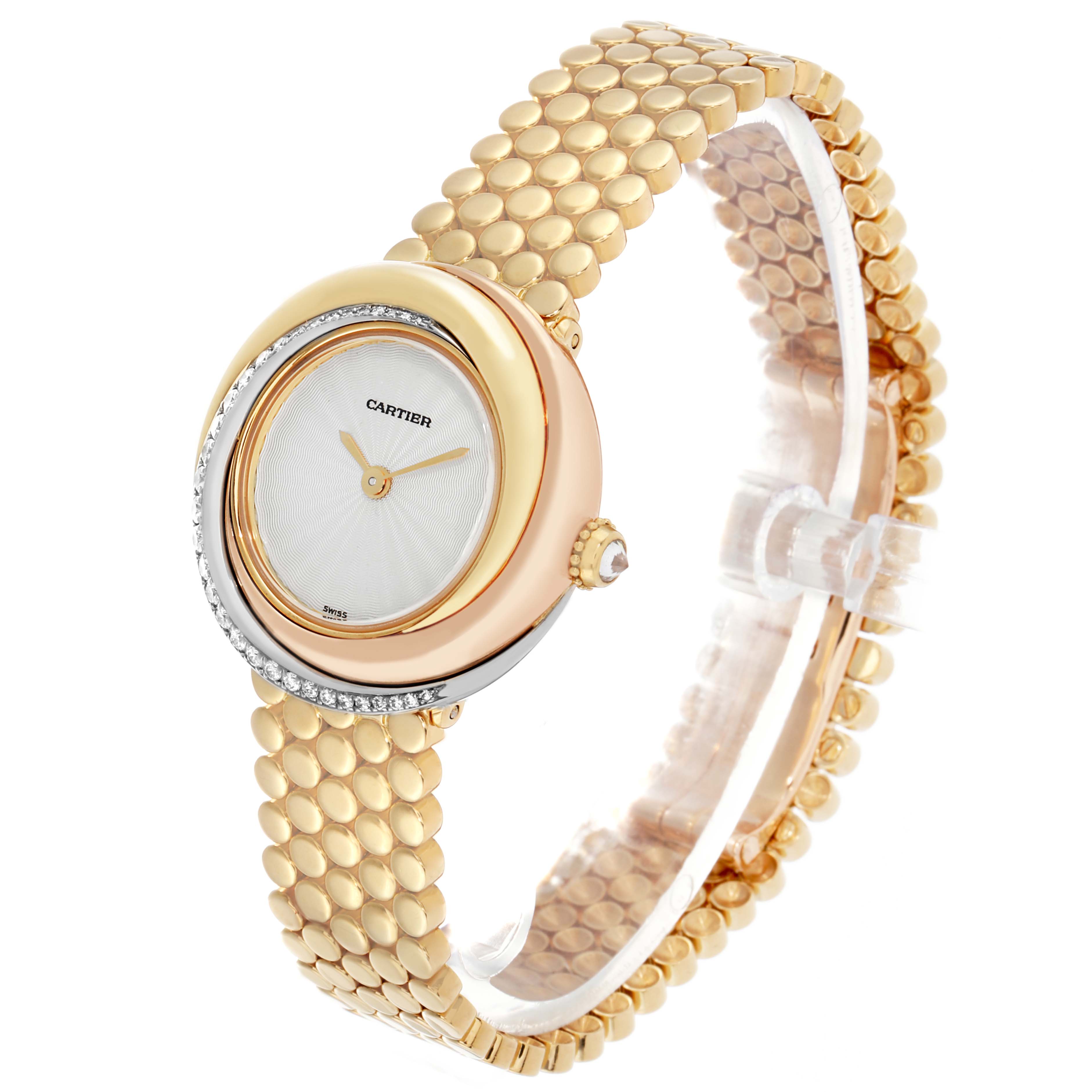 The Cartier Trinity WG200258 Women's Yellow Gold White Dial watch is shown at a slight angle, highlighting the round face, bezel, and gold bracelet.
