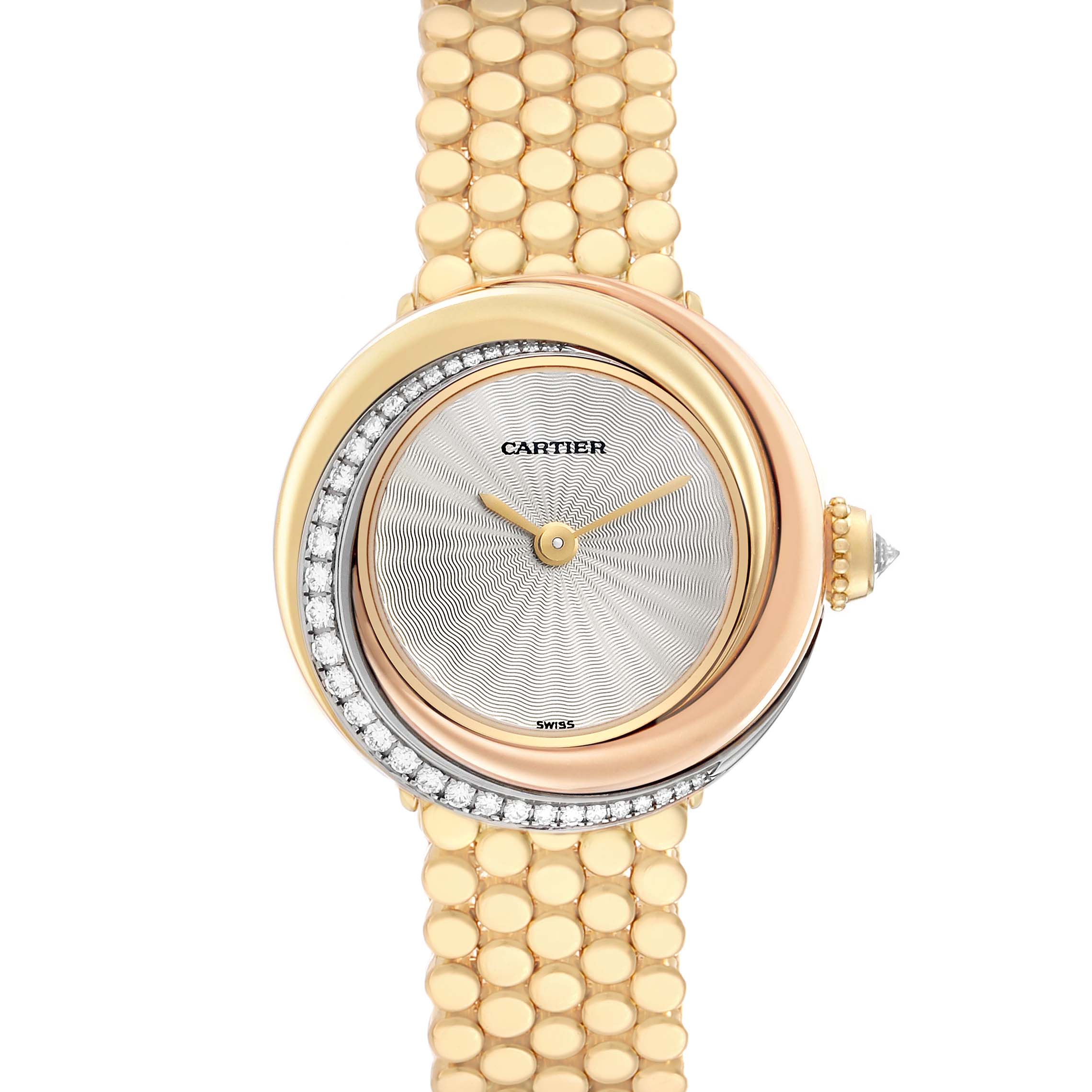 The Cartier Trinity WG200258 Women's Yellow Gold White Dial watch is shown from a front angle, highlighting the round case, diamond-set bezel, and gold bracelet.