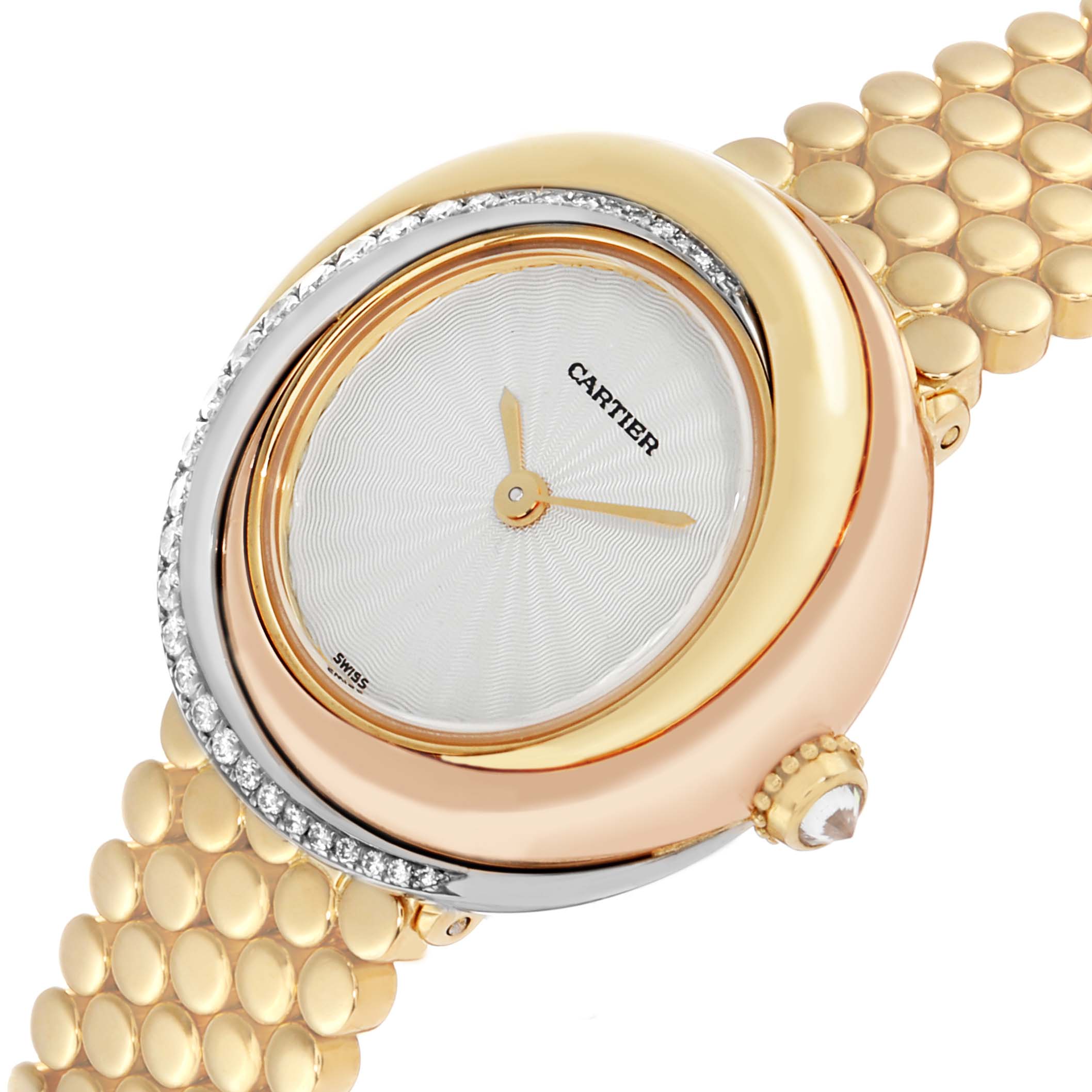 The Cartier Trinity WG200258 Women's Yellow Gold White Dial watch is shown at a slight angle, highlighting the round case, diamond bezel, dial, and gold bracelet.