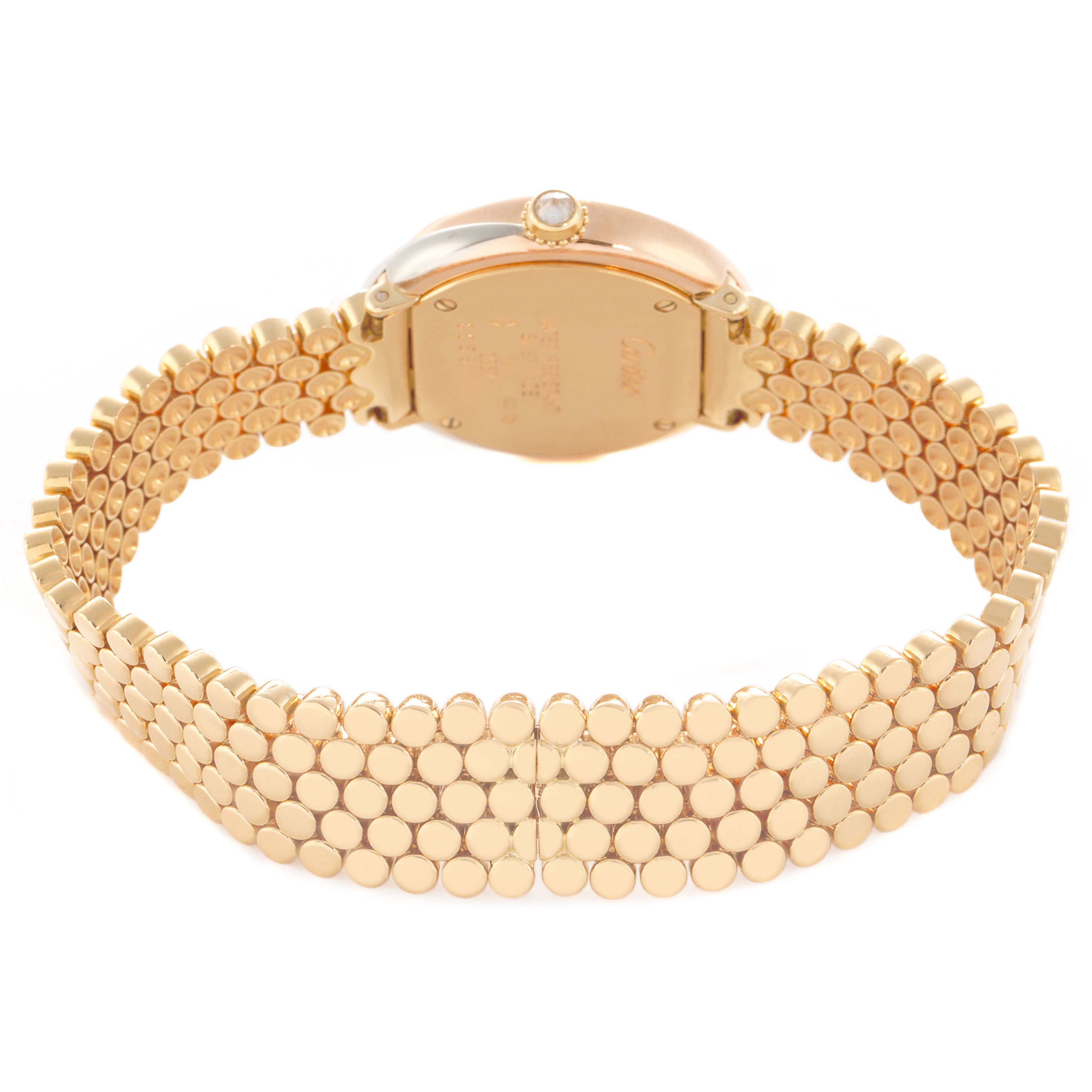 The Cartier Trinity WG200258 Women's Yellow Gold White Dial watch is shown from the rear, highlighting its gold bracelet and case back.