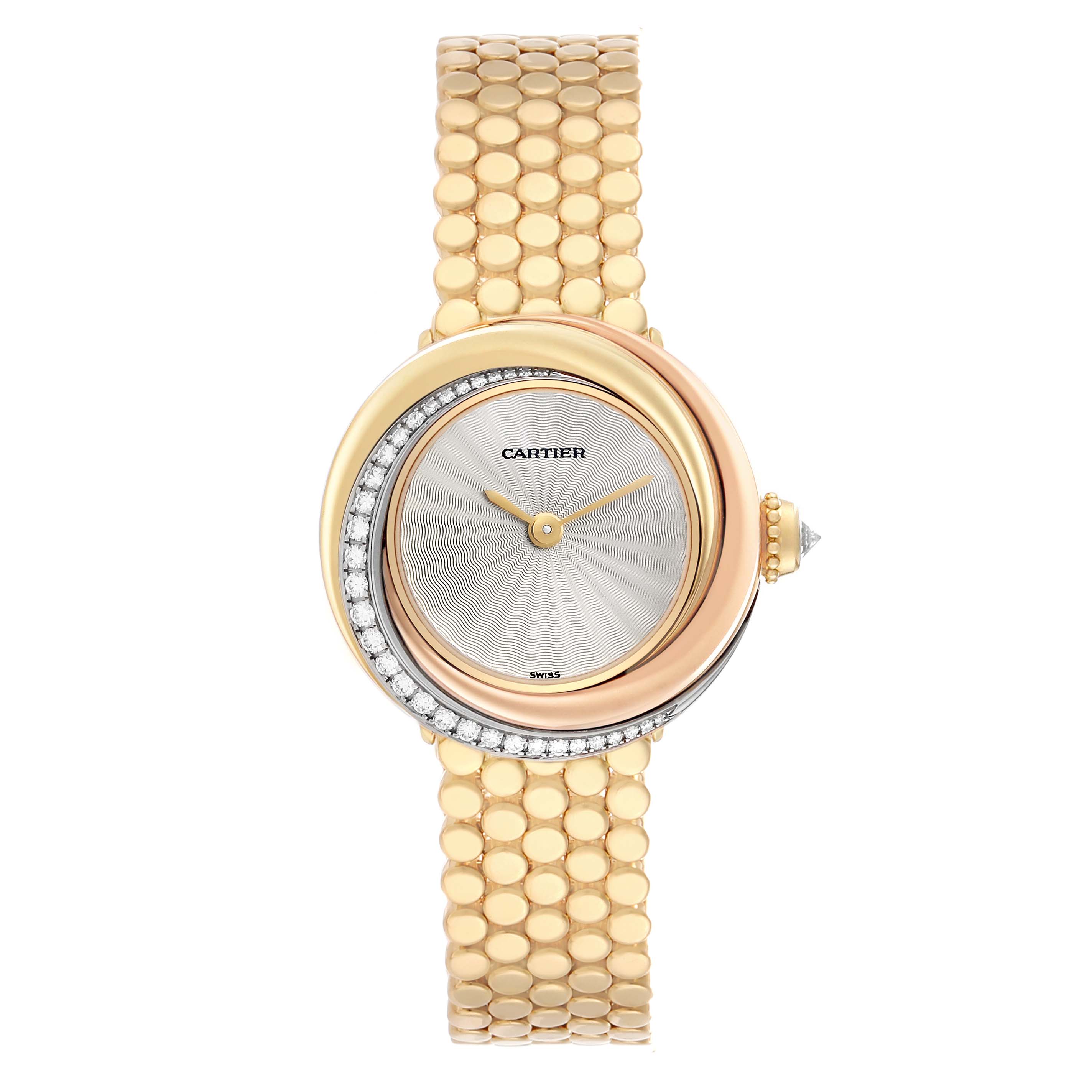 The Cartier Trinity WG200258 Women's Yellow Gold White Dial watch is shown from a top-down angle, highlighting its gold bracelet, round face, and diamond accents.