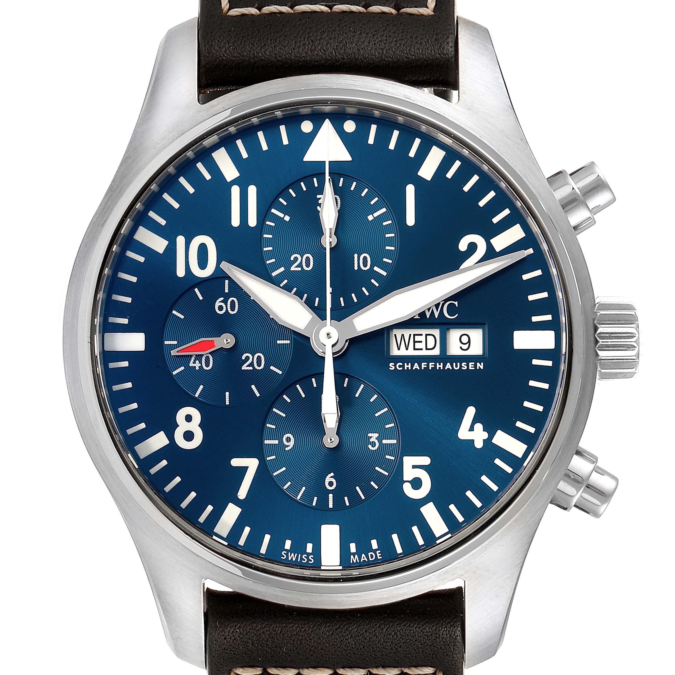 The IWC Pilot IW377714 Men's Stainless Steel Blue Dial IW377714 Men's Stainless Steel Blue Dial model watch is shown from a front angle, displaying the face, sub-dials, and side pushers.