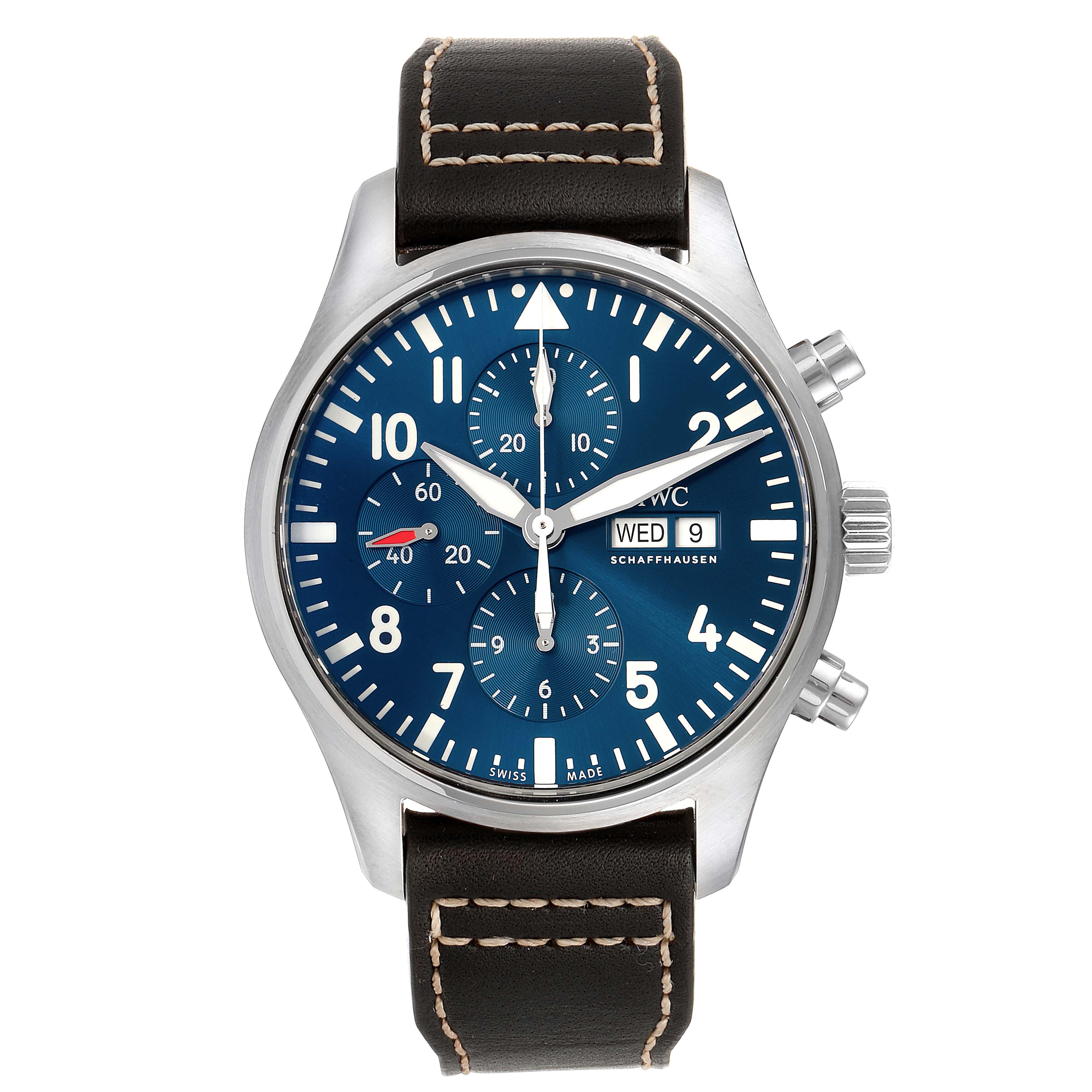 The image shows a front view of the IWC Pilot IW377714 Men's Stainless Steel Blue Dial IW377714 Men's Stainless Steel Blue Dial model watch with a blue dial and black leather strap.