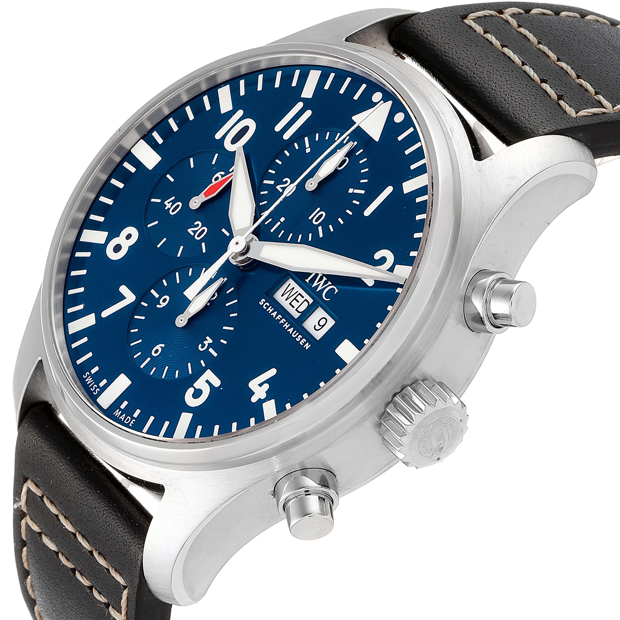 The image shows an IWC Pilot IW377714 Men's Stainless Steel Blue Dial IW377714 Men's Stainless Steel Blue Dial model watch at a slight angle, highlighting the face, crown, pushers, and part of the strap.