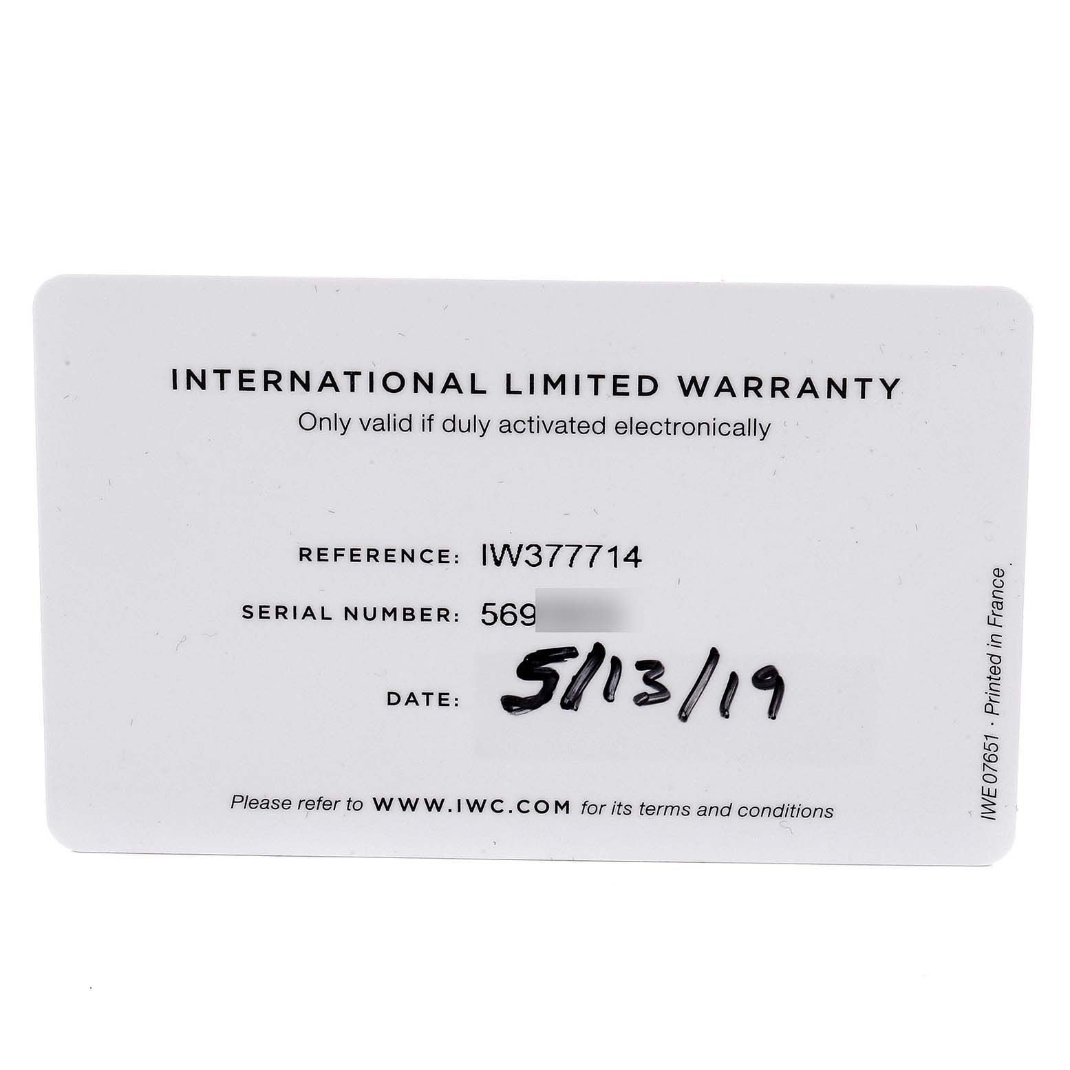 This image shows the front view of an international limited warranty card for the IWC Pilot IW377714 Men's Stainless Steel Blue Dial IW377714 Men's Stainless Steel Blue Dial model IW377714 watch.