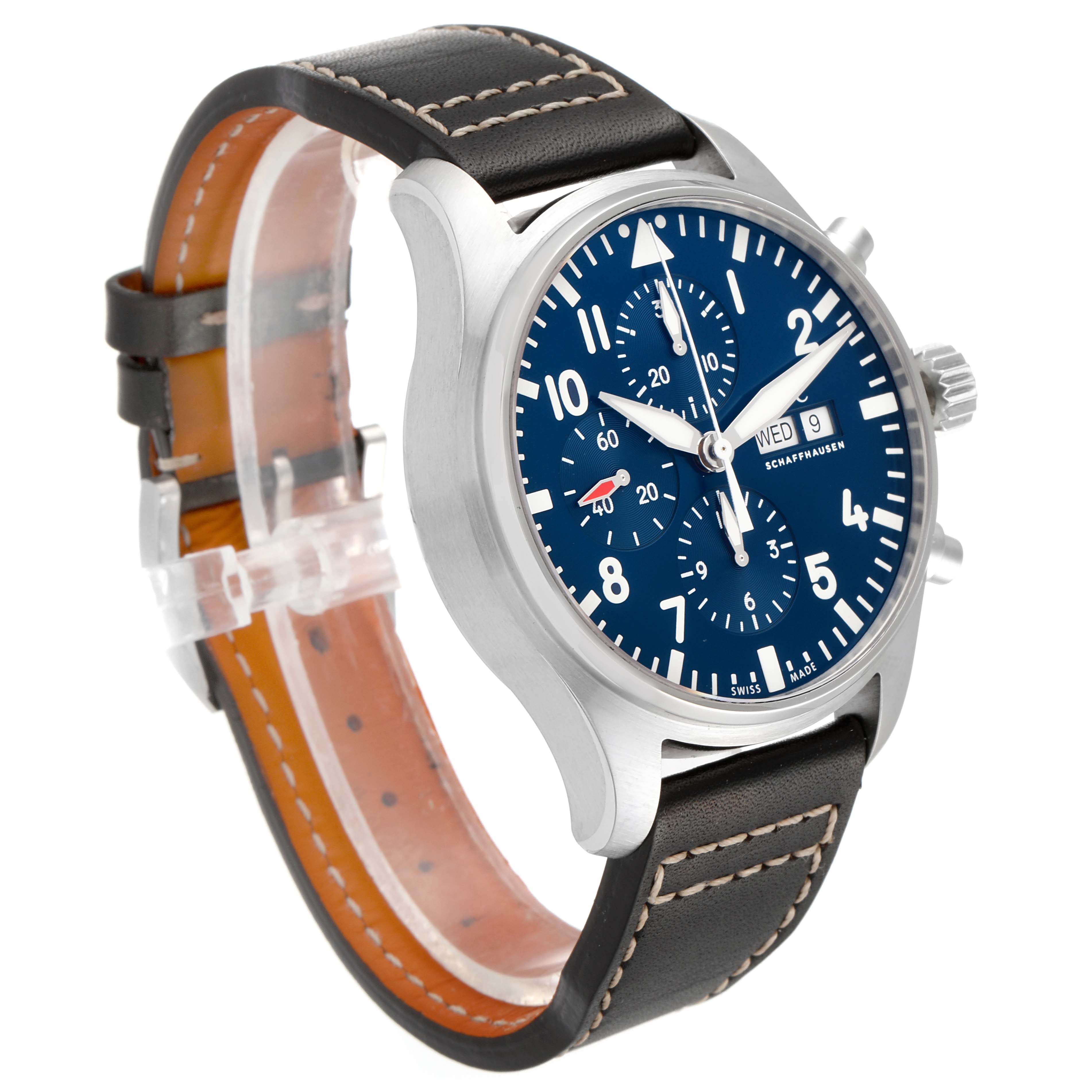 The image shows an IWC Pilot IW377714 Men's Stainless Steel Blue Dial IW377714 Men's Stainless Steel Blue Dial model watch at a three-quarter angle, highlighting its face, bezel, and leather strap.