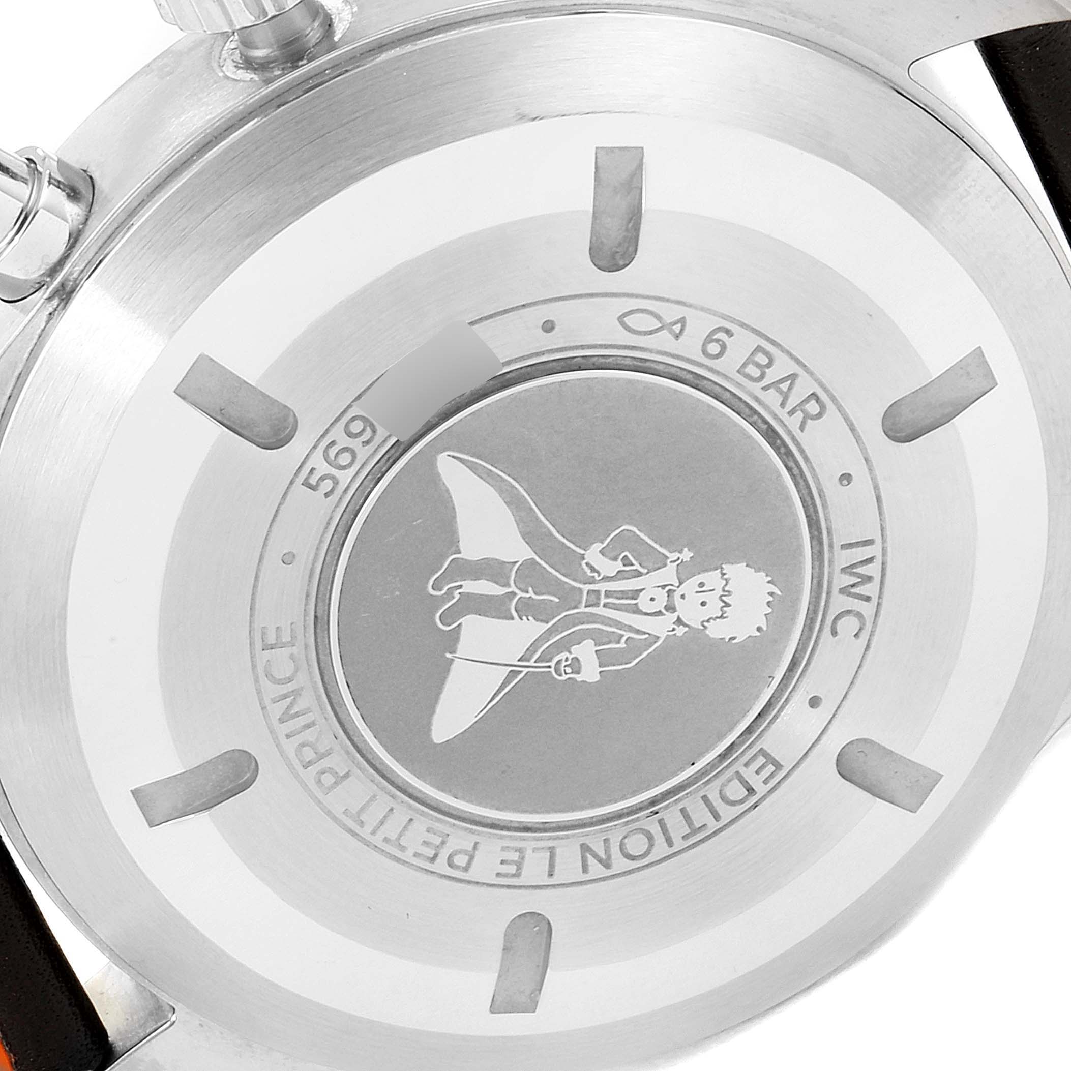 This image shows the back case of an IWC Pilot IW377714 Men's Stainless Steel Blue Dial IW377714 Men's Stainless Steel Blue Dial Edition Le Petit Prince watch from a close-up angle.