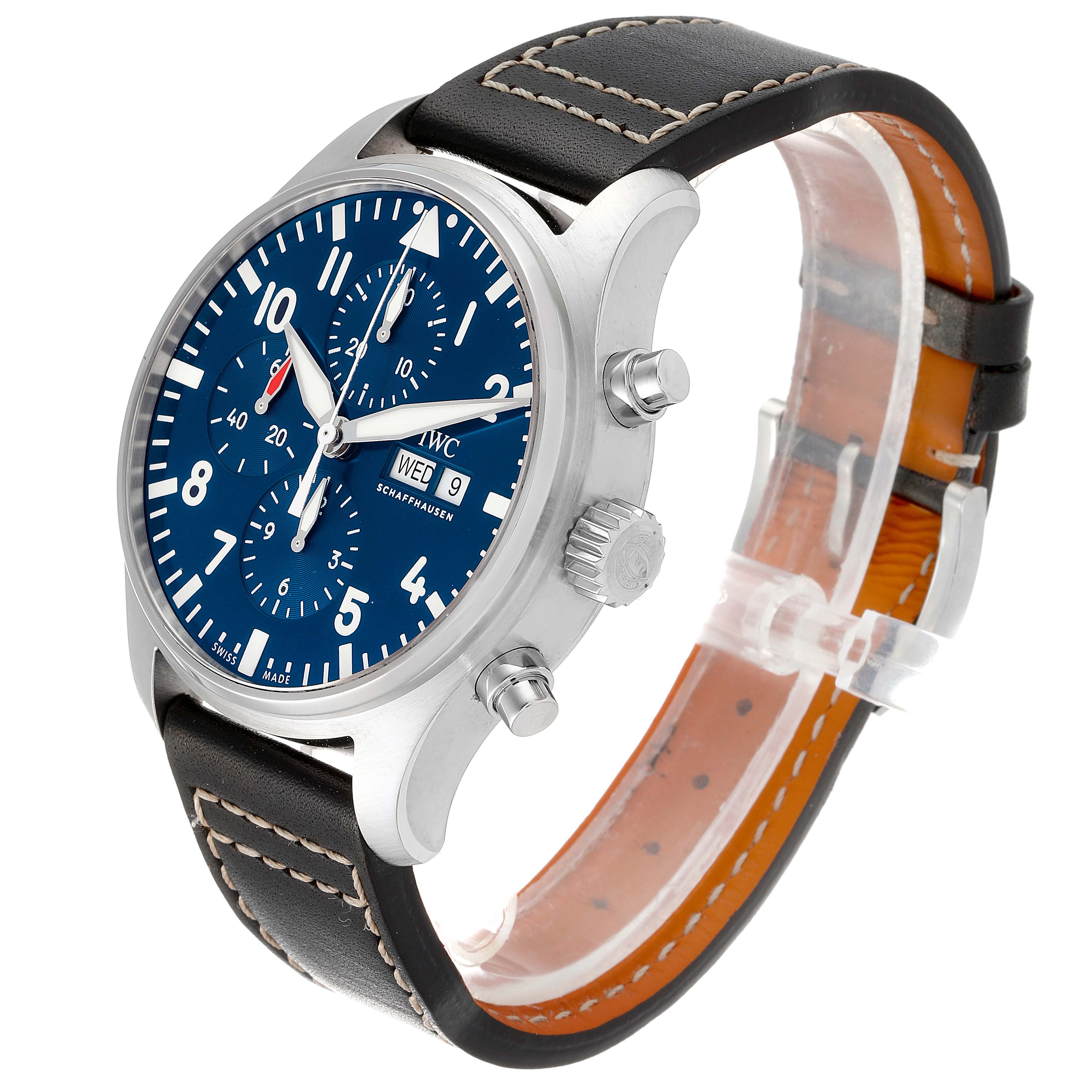 The image shows an oblique front view of the IWC Pilot IW377714 Men's Stainless Steel Blue Dial IW377714 Men's Stainless Steel Blue Dial model watch, highlighting the face, side buttons, and leather strap.