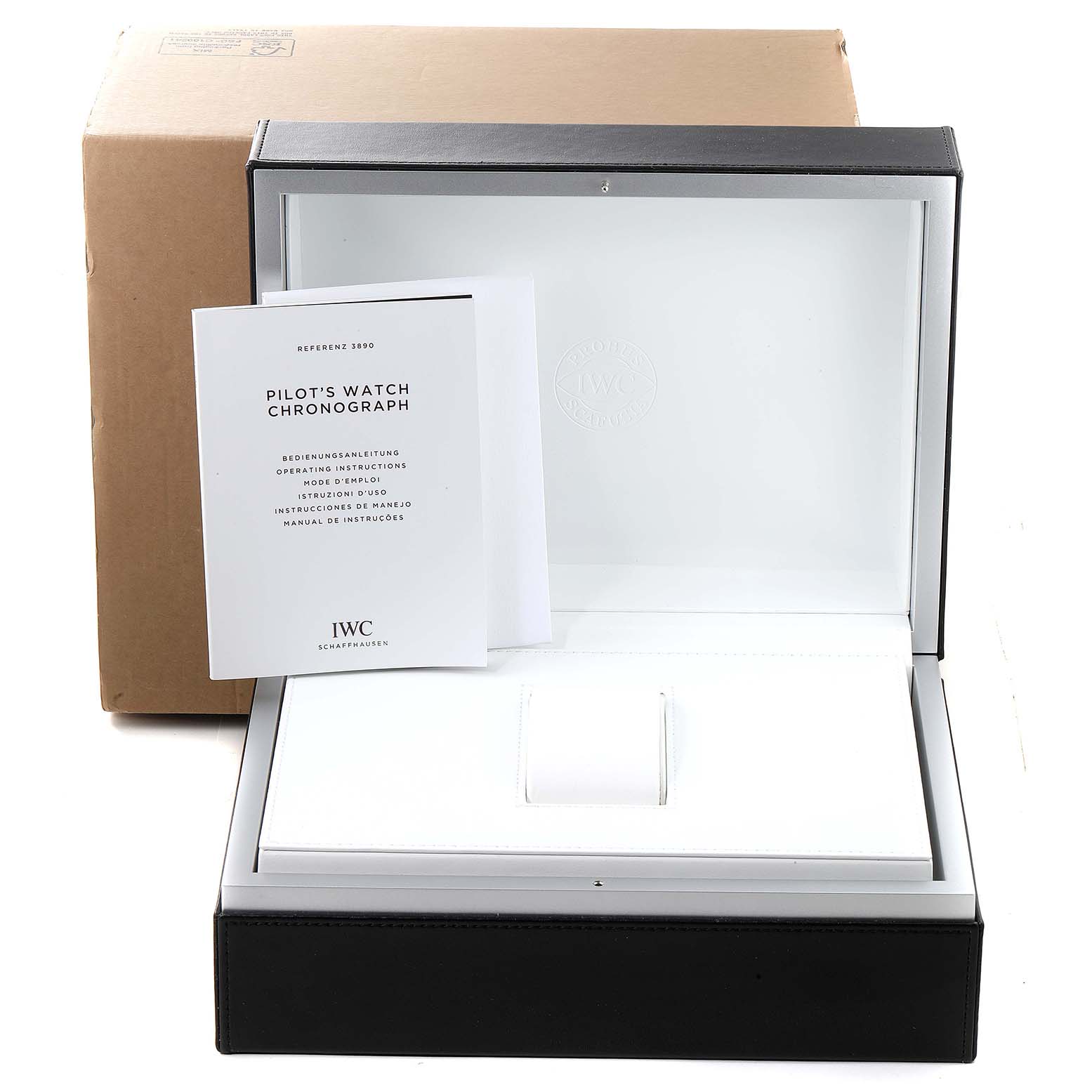 The image shows the open box and manual for an IWC Pilot IW389002 Men's Ceramic Black Dial IW389002 Men's Ceramic Black Dial's Watch, with no actual watch visible.